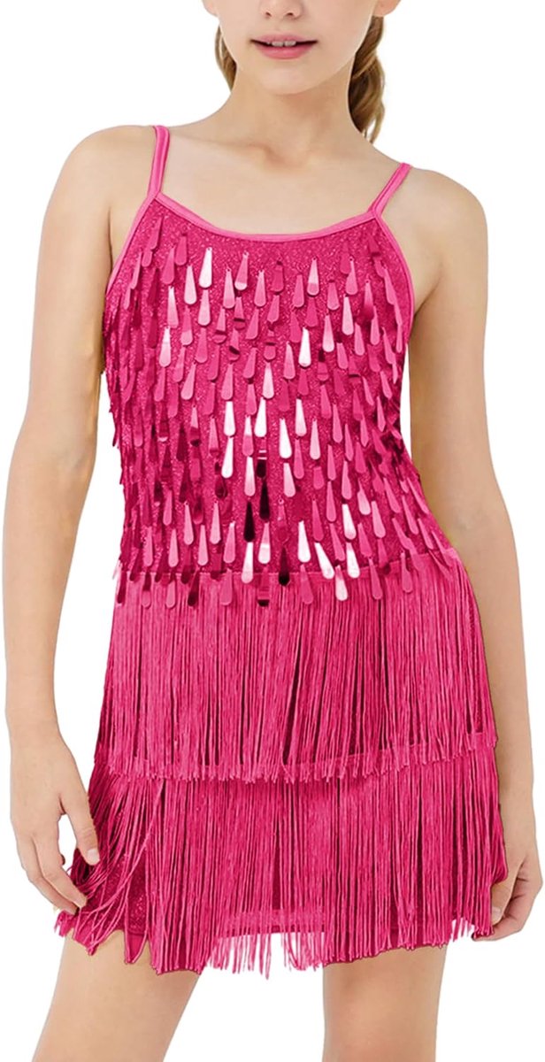 Meisjes pailletten franje danskostuum kinderen Salsa Rumba Latin danskleding set, sprankelende mouwloze kwastjes dans mini-jurk met shorts