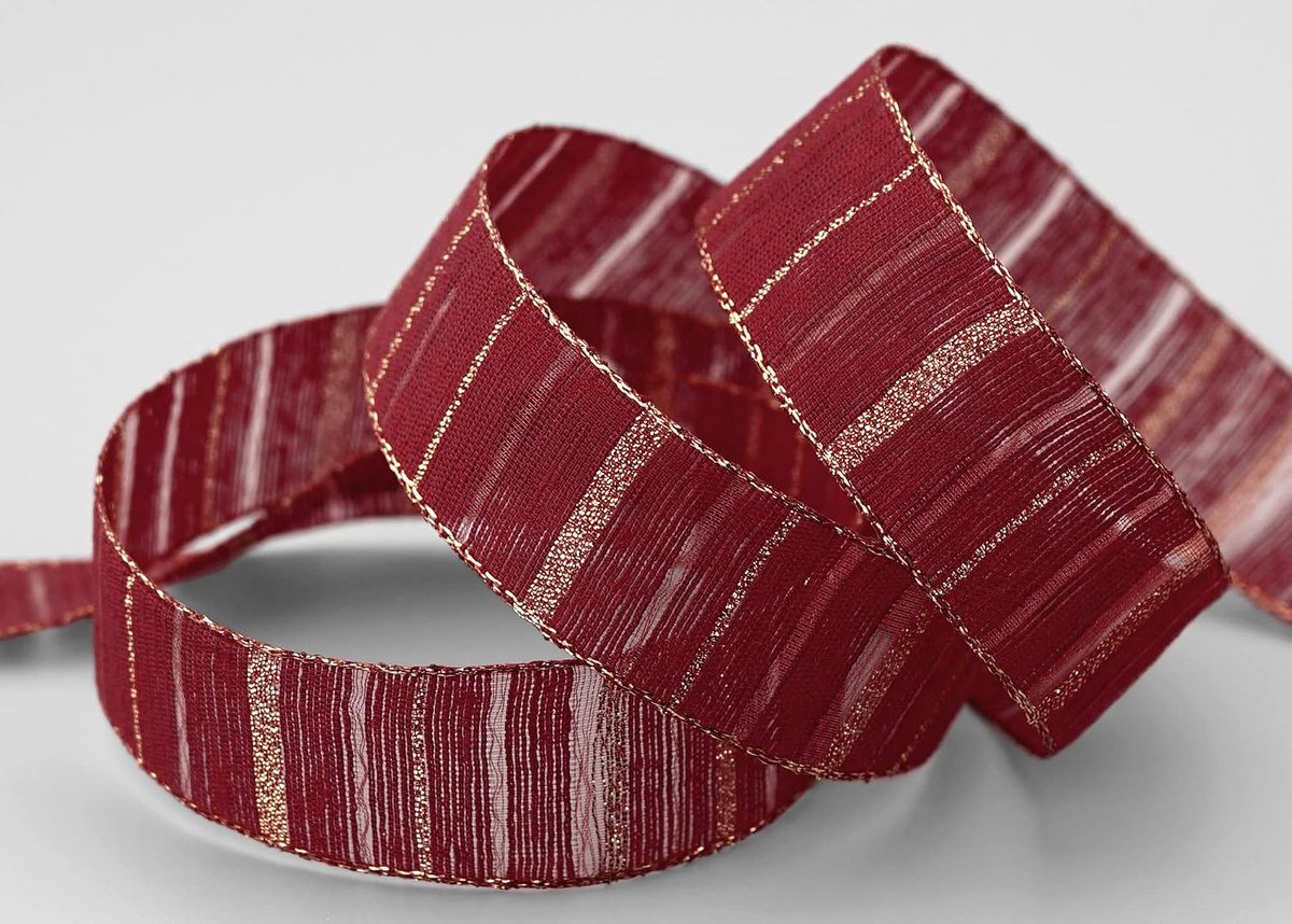 20 m x 25 mm decoratielint matrix gouden strepen bordeaux donkerrood striklint halftransparant stoffen lint Lurex glanzend, vormstabiel geschenklint Kerstmis decoreren gestreepte strepen