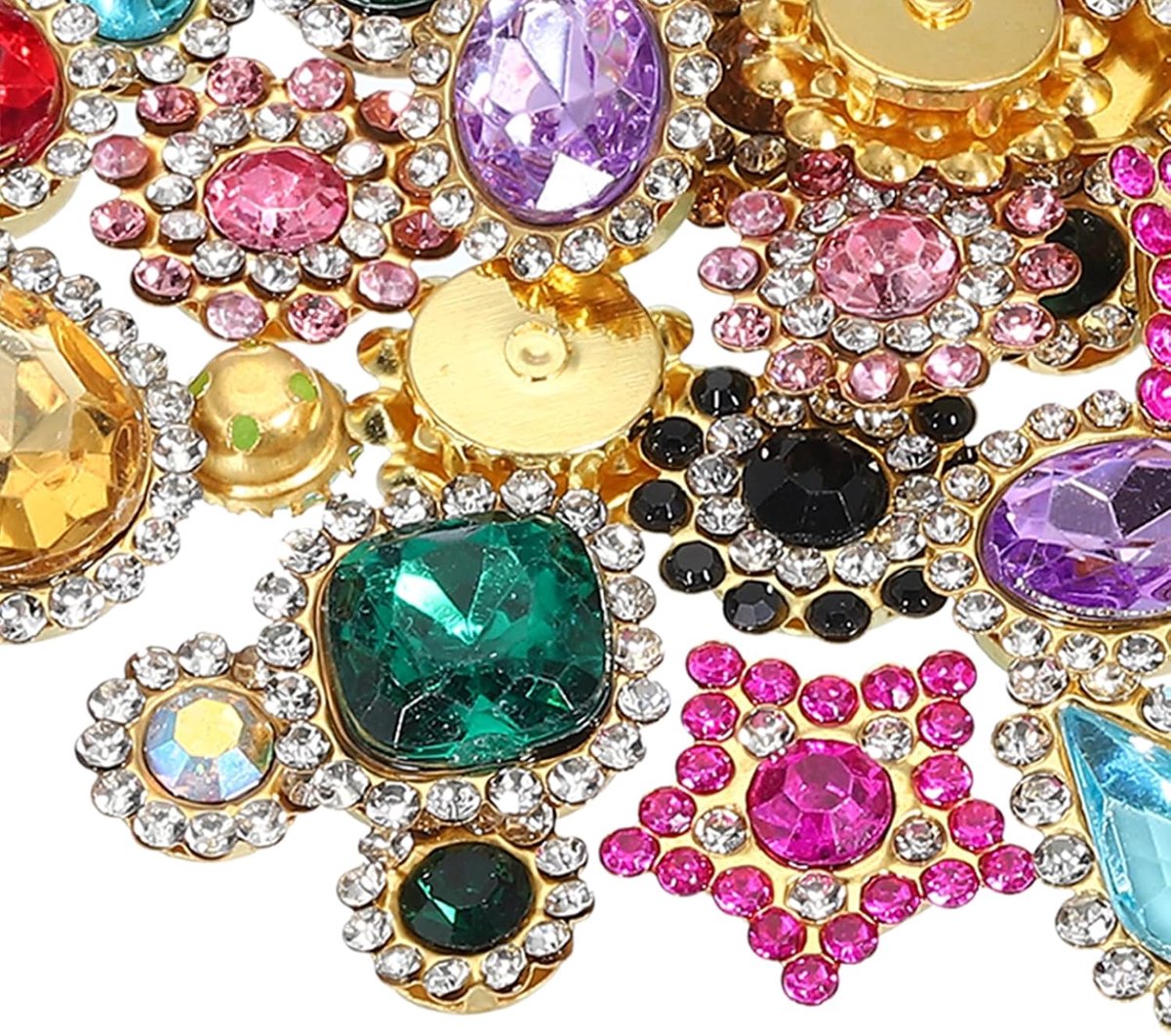 Naai op strass kristallen, 100 stuks gemengde vormen glazen edelsteen metalen basis bloem klauw steentjes voor ambachtelijke schoenen jurk doek riem naaien decoratie, meerkleurig (0,9 cm - 1,9