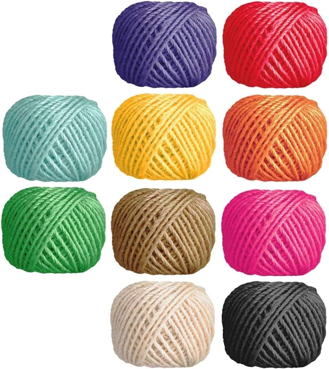 10 rol 2 mm natuurlijk koord, jute koord, voor kunstwerken, doe-het-zelf en handwerk, cadeauwikkelen, flessendecoraties, fotodisplay en versieringen, 10 kleuren