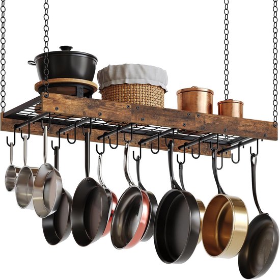 Hangende pottenrek, aan het plafond wandmontage pannenrek voor keuken, pannenhanger in industriële stijl met 18 haken, opbergorganizer voor kookgerei voor potten en pannen, rustiek bruin en — afbeelding 5