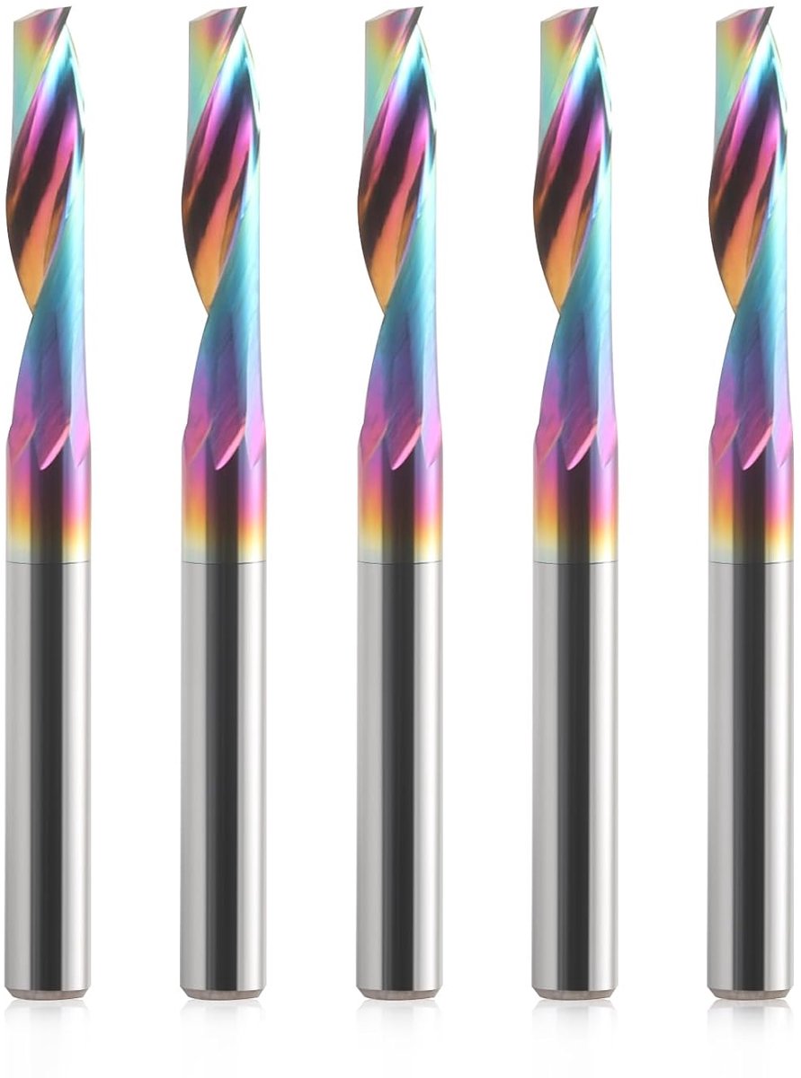 CNC-frees met een groef voor aluminium, 4 mm schacht, enkele soldeerfrees, spiraalfrees bit VHM met DLC-coating, 1/8 inch snijdiameter eindfrees, volledig hardmetalen schachtfrees, 5 stuks