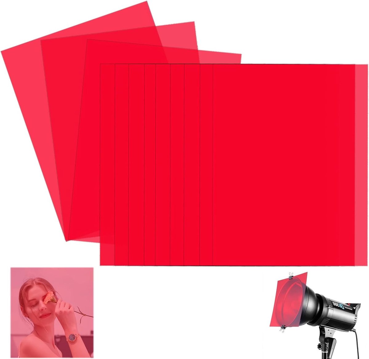 12 stuks folie hittebestendig voor lampen, lampfolie, A4, rode folie, transparant, adsorptie met elektrostatische kleurfolie, gel kleurfilter voor foto studio, strobe led-DJ-licht, 29,7 x 21 cm