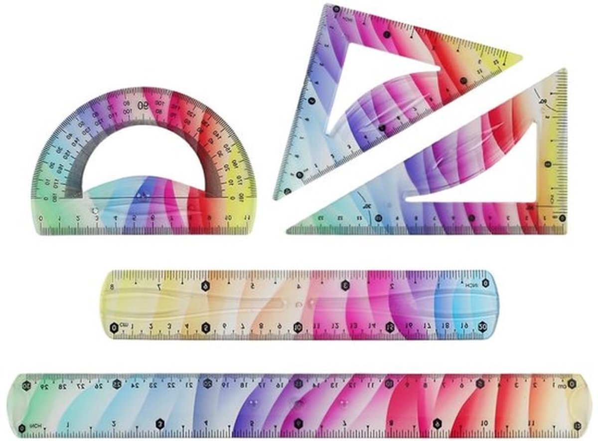 Set van Flexibele Linialen en Geometrische Hulpmiddelen, 5-delig, Kleurige Liniaal met Geometrische Driehoek, Perfect voor Tekeningen en Wiskunde, Ideaal voor Studenten en Docenten (20 cm + 30 cm)