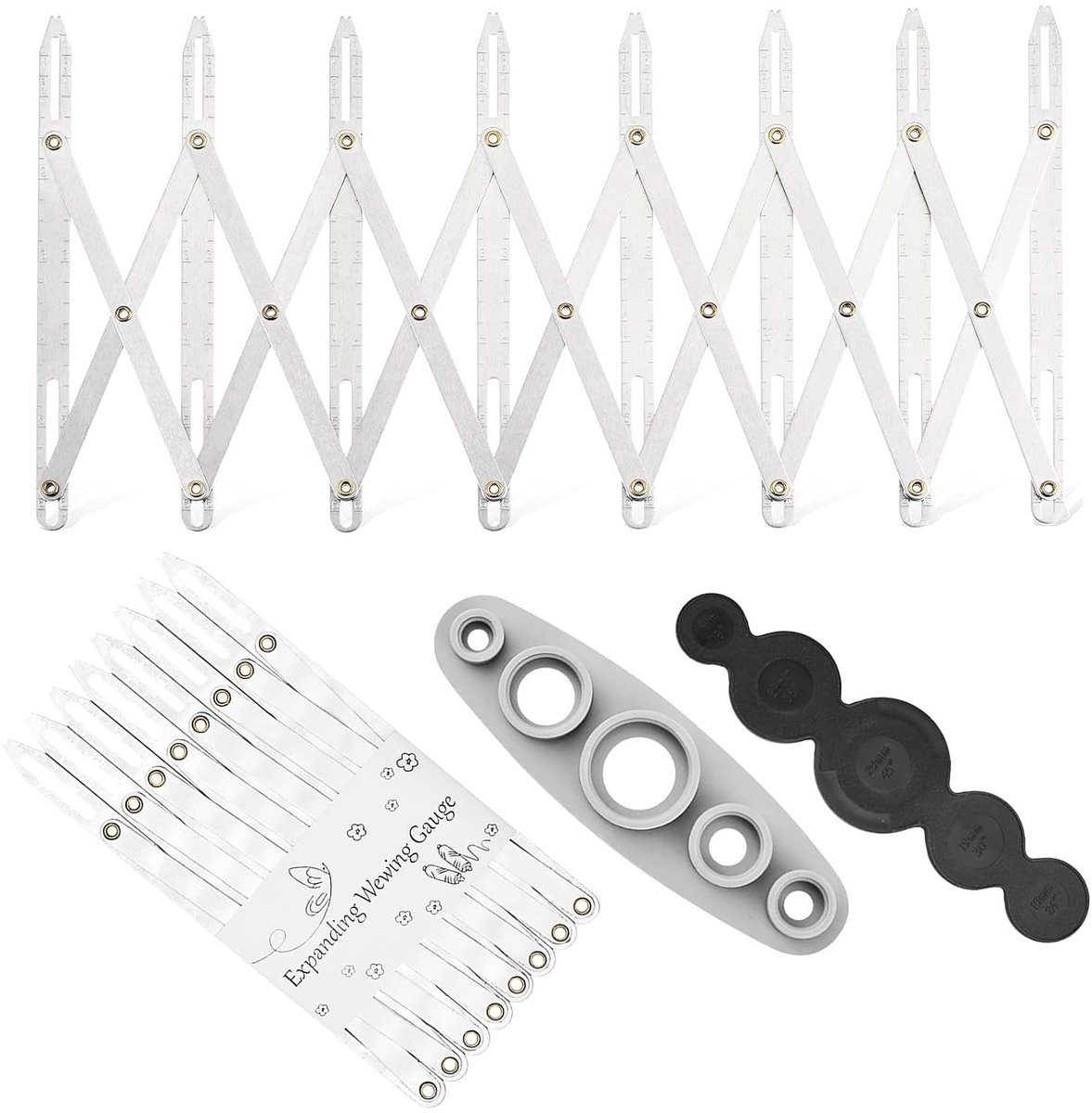 Set van 5 Uitbreidbare Aluminium Meetinstrumenten voor Naaiwerk, Houtbewerking en Knopen met Verstelbare Ruler en Knopgids
