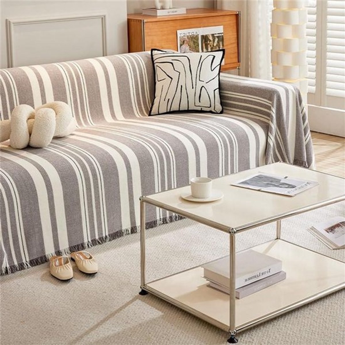 Sierdeken voor bank - Sprei plaid - Woondecoratie - Omkeerbaar gestreept patroon - 180 x 300 cm - Grijs Bruin