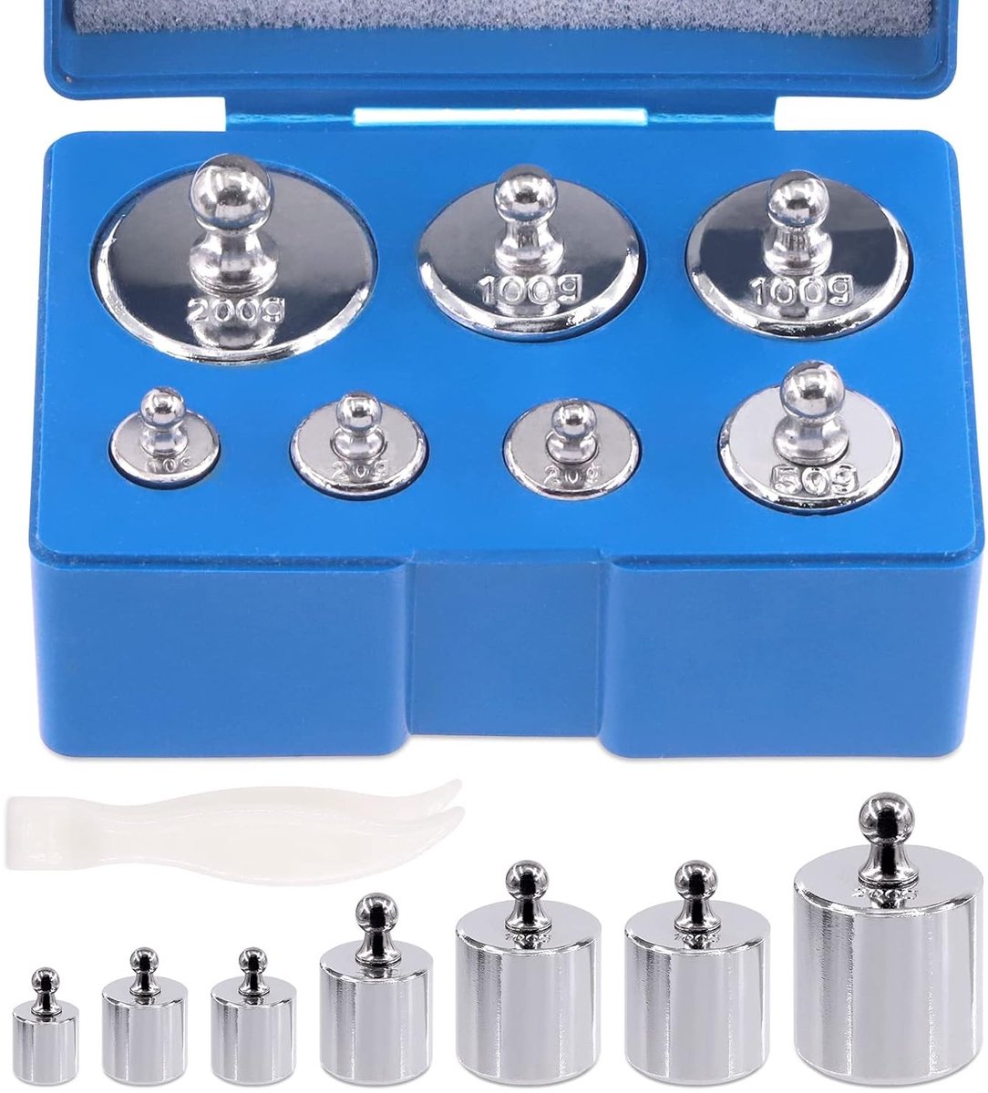 Precisie Gewicht Calibratieset van 8 Stukken, Inclusief 10 g, 20 g, 50 g, 100 g en 200 g Stalen Gewichten met Pincet voor Digitale en Sieraden Weegschaal, M2 Klasse
