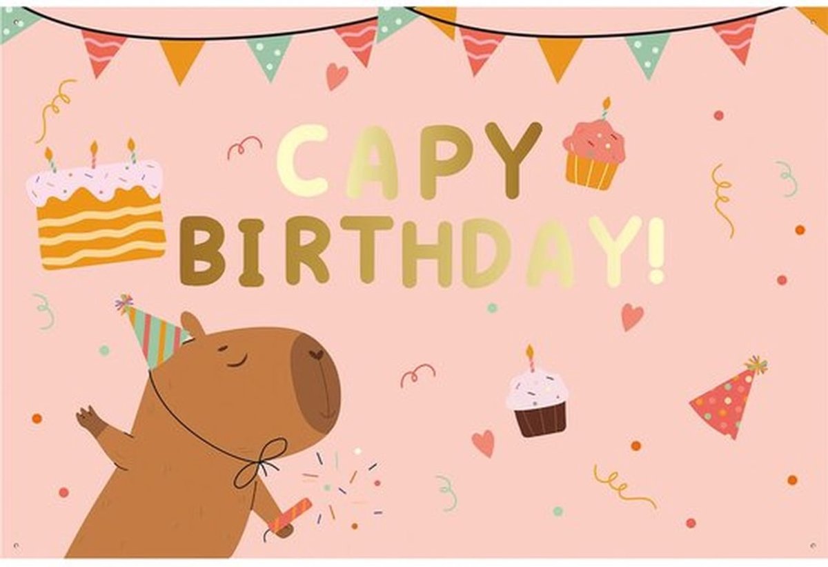 Capybara Happy Birthday Banner, 150x100cm Roze Capybara Feestdecoraties Happy Birthday Banner voor Meisjes Jongens Binnen- en Buitenfeestdecoraties