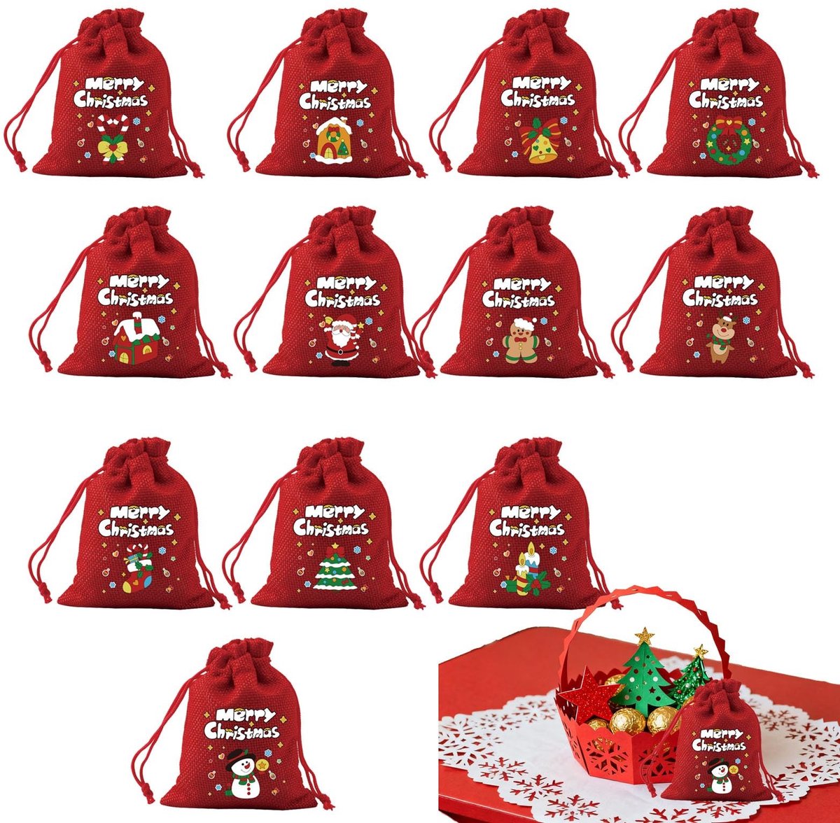 Set van 12 Kerst Cadeauzakjes - Herbruikbaar met Treksluiting