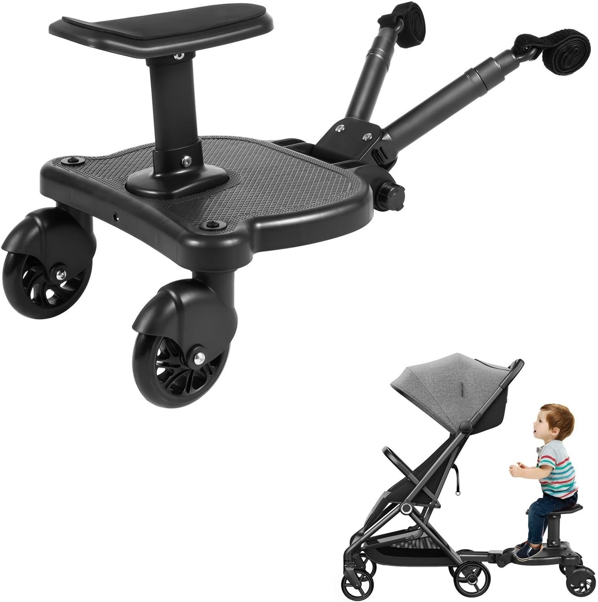 Buggy Board met Zitje - Universele Voetsteun voor Kinderwagen - Zwart