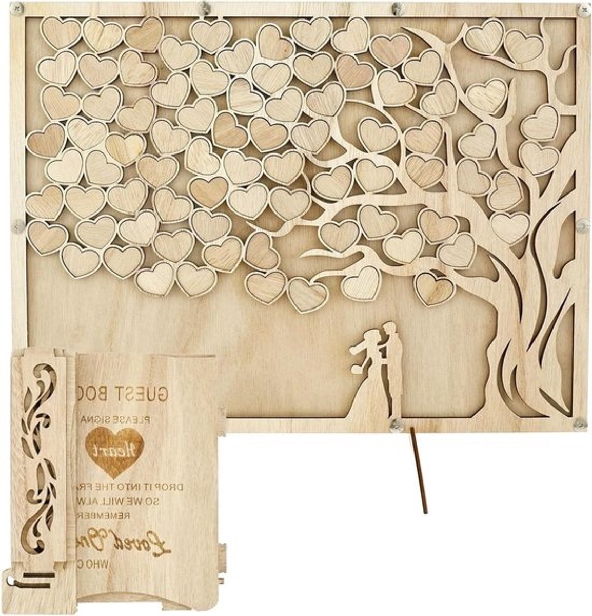 Gastenboek Alternatief - Houten Hart Boek - Feestelijke Herinneringen - Met Kaartjes en Standaard - 37 x 27 cm - Houtkleur