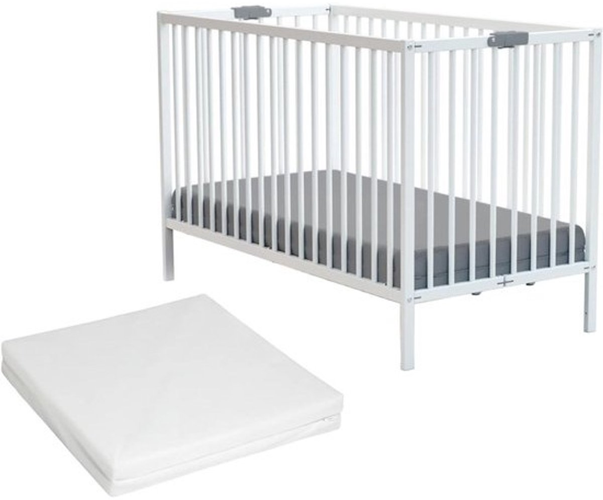 Houten Babybedje - Opklapbaar ledikant Babywieg - Babykamer Inrichten - Massief Beukenhout Compact - 60 x 120 cm - Wit