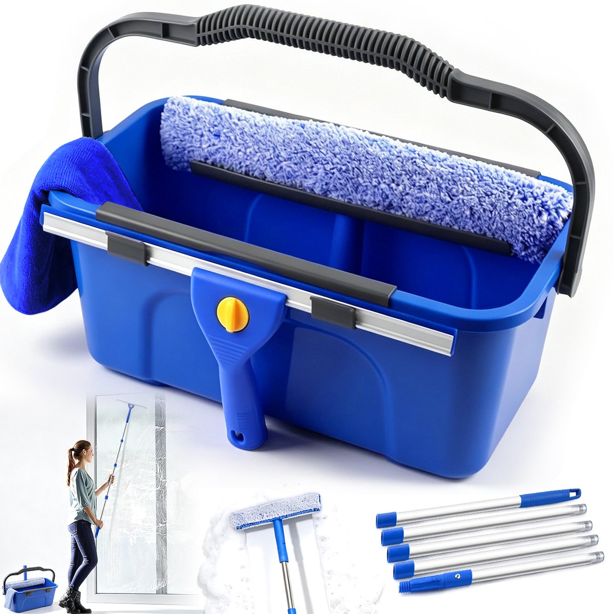 Ramenreinigingsset - Telescopische Ramenwasser - met 12L Emmer & 1,95m Verstelbare Lange Steel & Wisser & Microvezelborstel - Streeploos Glas - Voor Huis & Douche & Auto & Hoge Ramen & Kantoor - Blauw