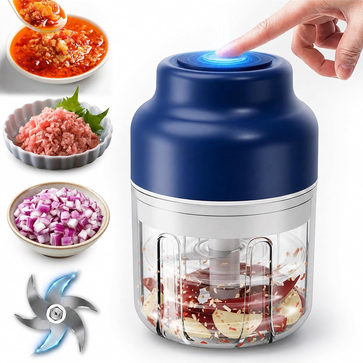 320 ML Mini Hakmolen - Mini-Knoflookhakker - Knoflookhakker Elektrisch - Draagbare Keukenmachine - Met 6 Roestvrijstalen Messen - Oplaadbare - Voor Groenten, Fruit, Vlees, Babyvoeding & Kruiden