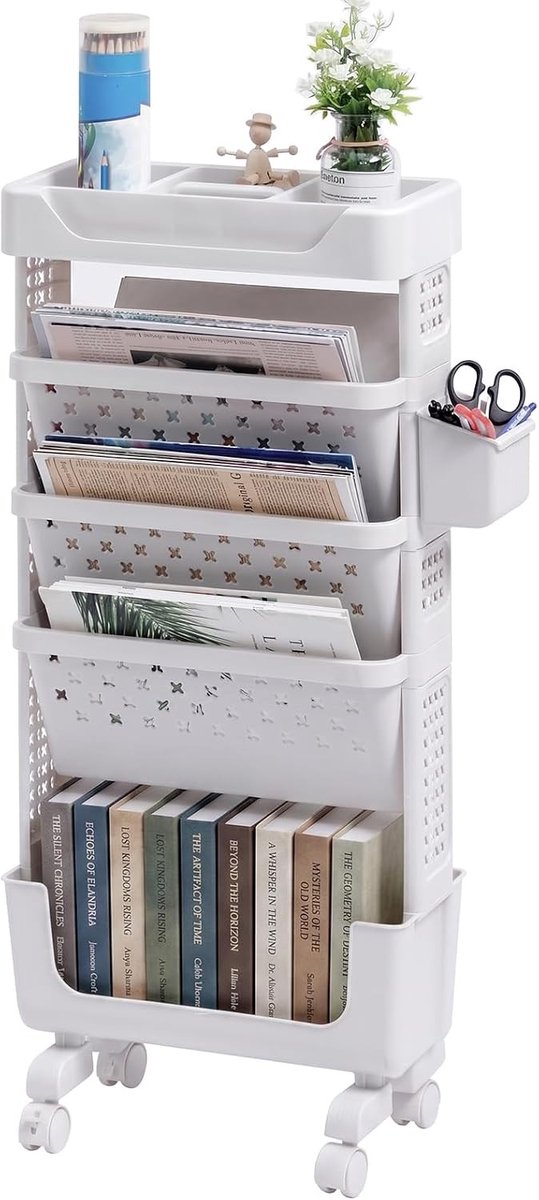 Mobiele Boekenplank met Wielen - 5 Laags Rolboekenkast voor Woonkamer, Slaapkamer en Kantoor, Wit met Opbergruimte
