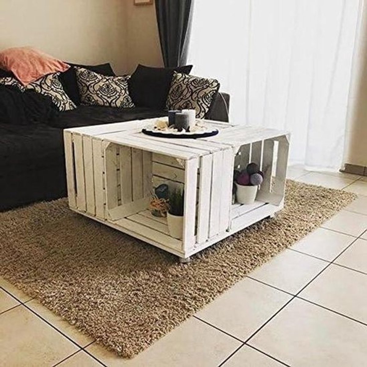 Salontafel Kisten - Houten Tafel - Woonkamer Inrichten - Met Wieltjes - 81x81x44 cm - Wit