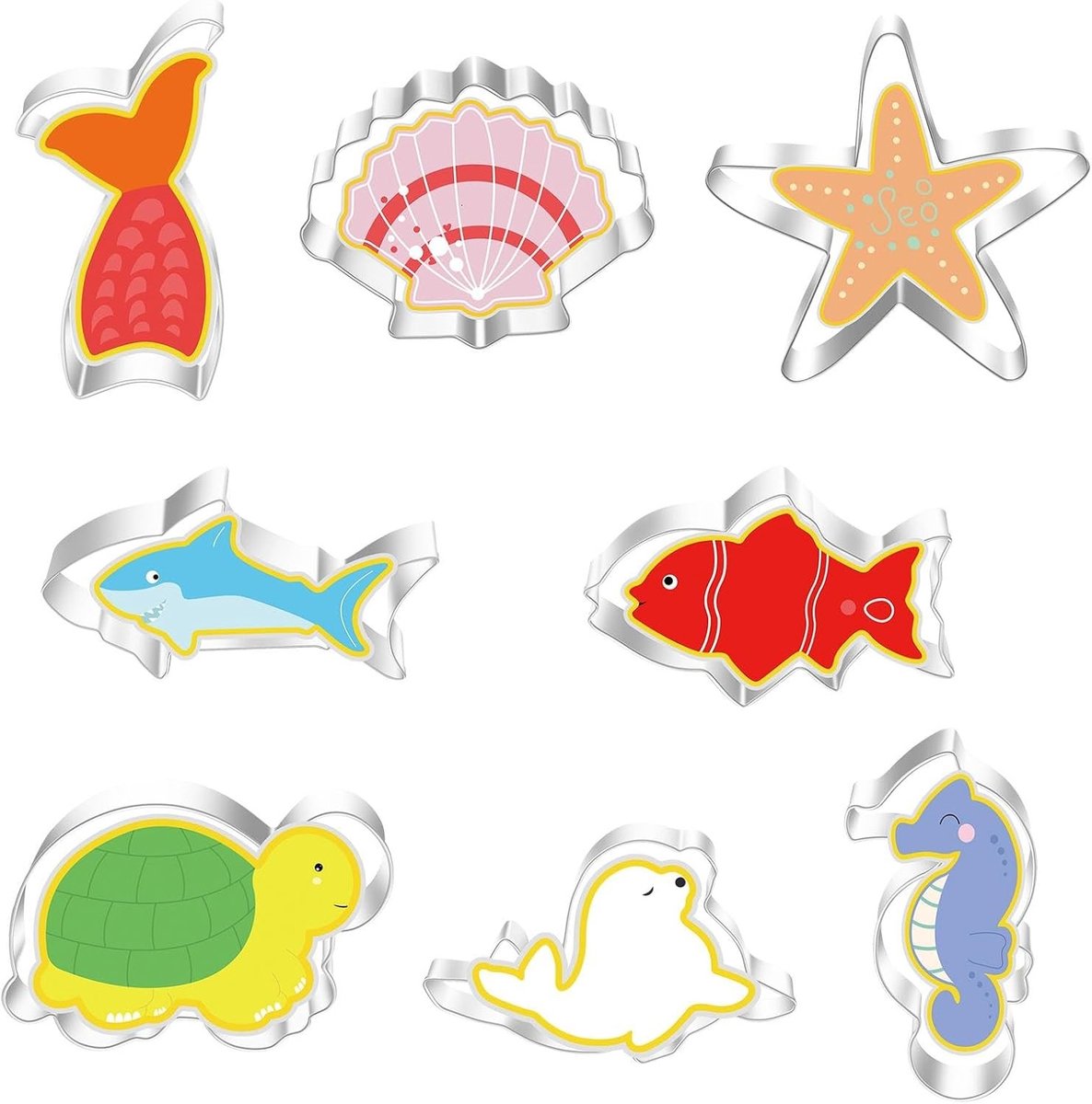 Set van 8 RVS Koekjesvormpjes met Zeeleven Thema - Sterrenvis, Zeelion, Zeepaardje, Schildpad, Haai en Meer - Herbruikbare Bakaccessoires voor de Keuken