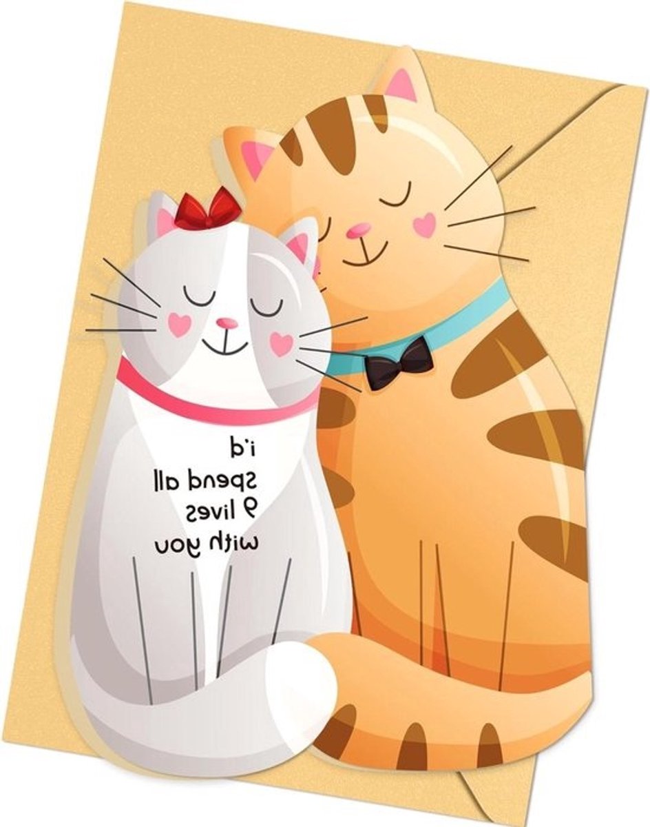 Katten Moederdag Kaart - Valentijnskaart Liefdeskaart - Genegenheid Uiten - Met Gouden Envelop - 17.78 x 12.7 cm - Meerkleurig