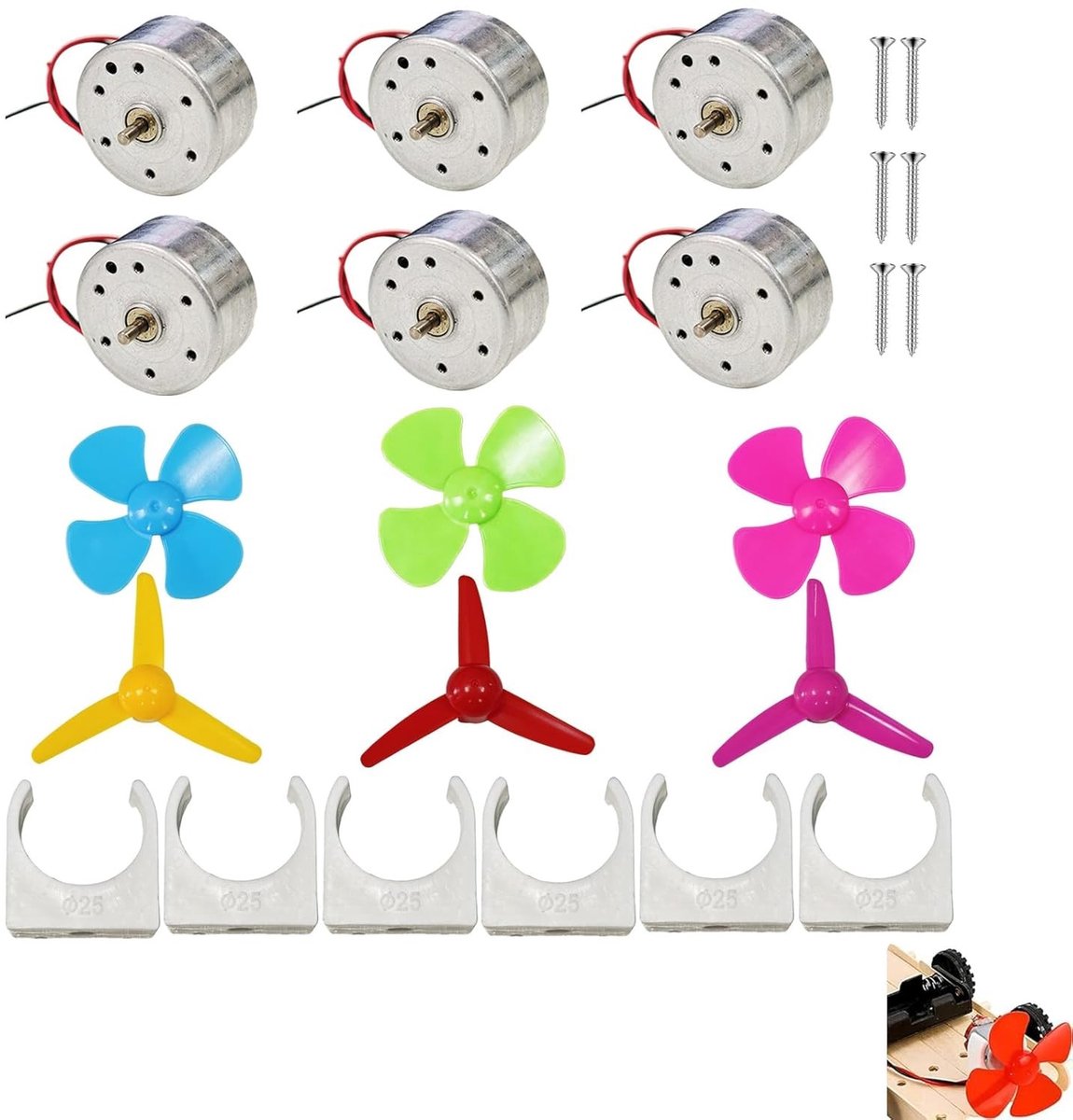 Set van 6 Mini Motoren voor Educatieve DIY Projecten, Kleine Elektrische Motoren, Rotatiemotoren Kit met Schroeven en Beugels, DC 3V Motoren tot 5000RPM