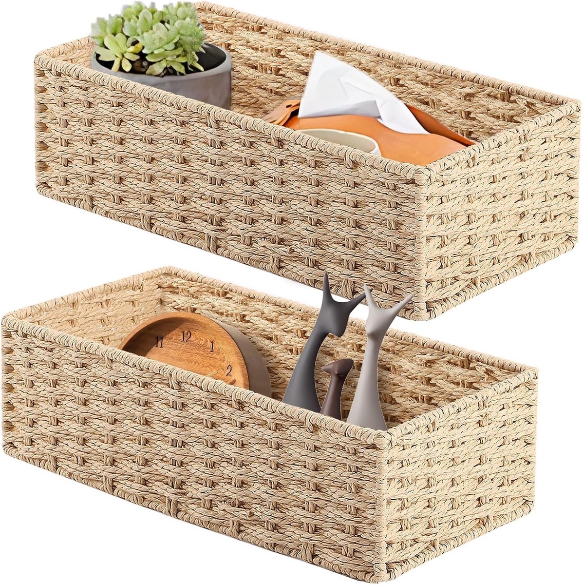 Decoratieve Wicker Opbergmanden voor Badkamer, Slaapkamer en Keuken - Set van 2, Natuurlijke Papieren Touw, 38 x 17.8 x 10.2 cm, Ideaal voor Organisatie en Ruimtebesparing