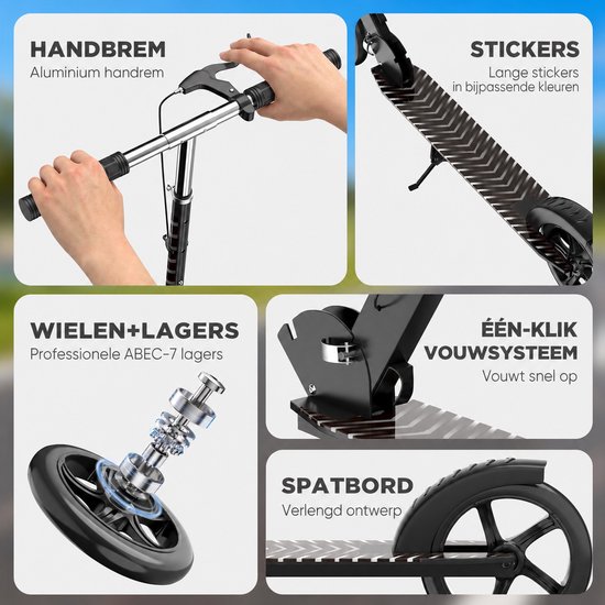 Details van een zwarte step: handrem, gestreepte stickers, ABEC-7 lagers en vouwsysteem.