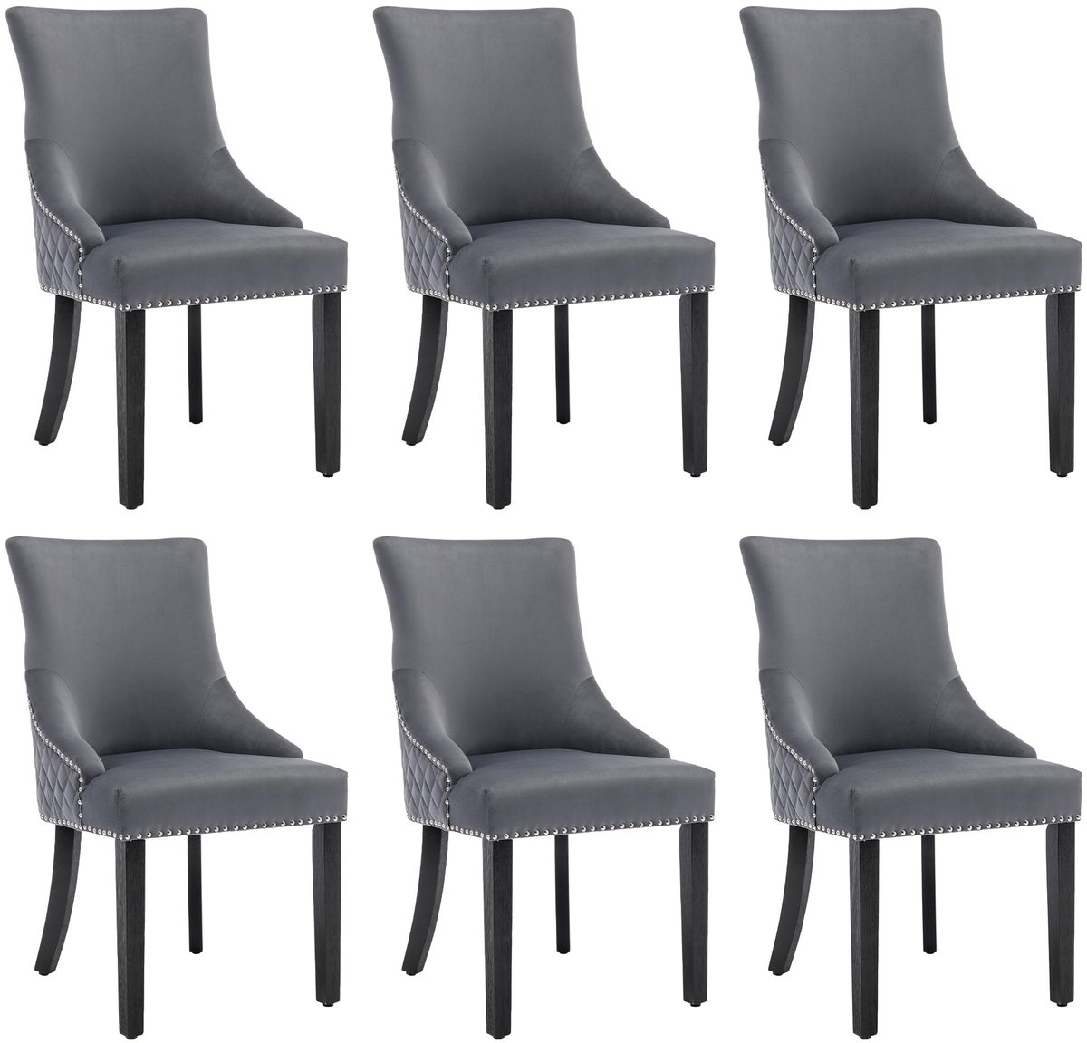 Elegante Eetstoel met Diamantpatroon - Zwart Houten Poten - Grijs (Set van 6)