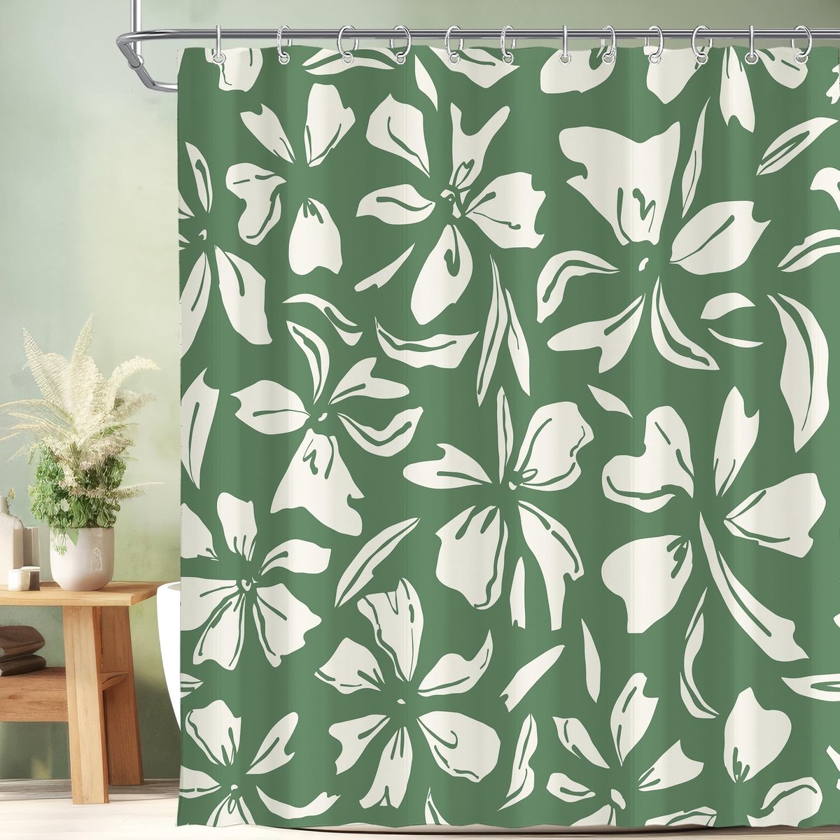 Douchegordijn met retro bloemen - Waterdicht polyester in saliegroen