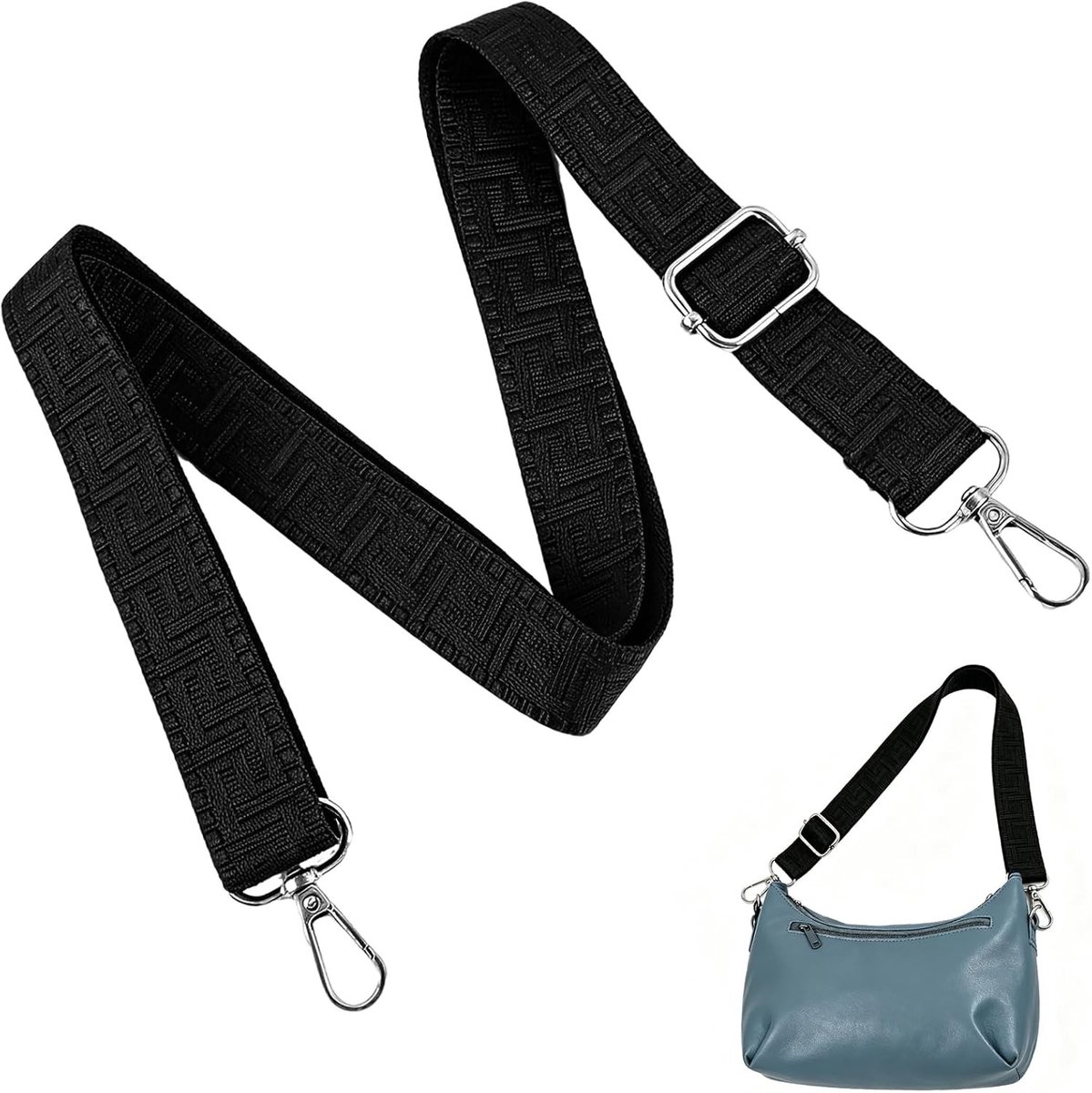 Verstelbare schouderriem voor handtas, 2,5 cm breed, met zilverkleurige karabijnhaak, ideaal als reserveriem voor crossbody tassen, zwart en multifunctioneel