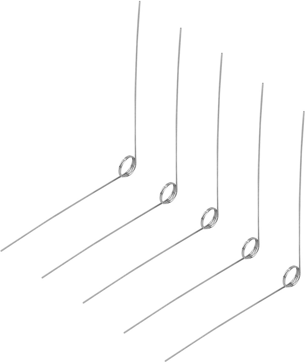 Set van 10 roestvrijstalen spiraalveren, draaddiameter 0.2 mm, binnendiameter 2 mm, arm lengte 20 mm, 90 graden hoek, ideaal voor modelbouw en hobbyprojecten