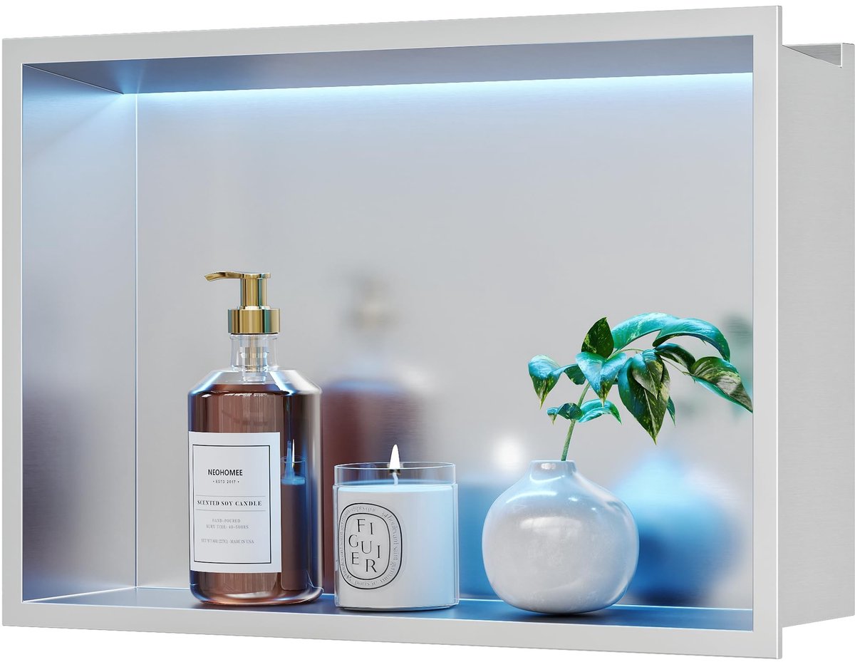 Wandniche Douche met RGB LED Verlichting - Roestvrij Staal 45 x 30 cm