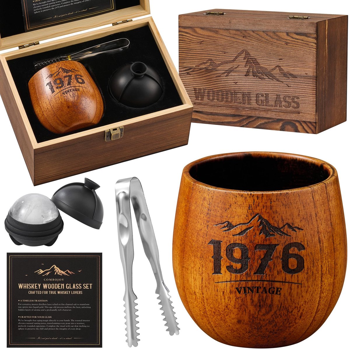 Whisky Glas Set met Houten Gift Box - Inclusief IJskubus en Tangen