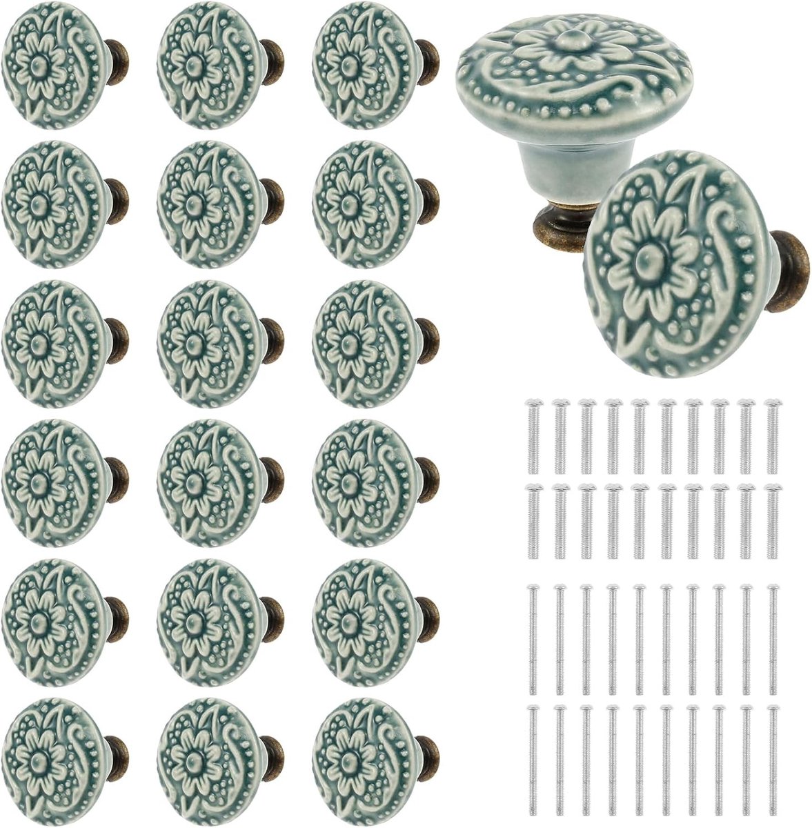 Set van 20 Vintage Keramische Glijdknoppen, Decoratieve Meubelhandgrepen met Schroeven, Multifunctionele Kastdeuren en Lades voor Thuis en Kantoor, Groen