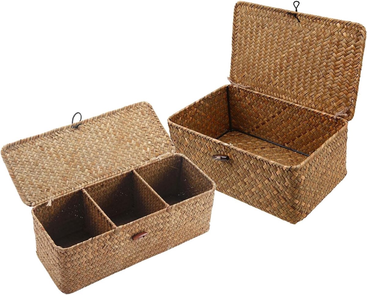 Natuurlijke Gevlochten Rechthoekige Rieten Opbergmanden met Deksel voor Snacks en Speelgoed, Perfect voor Organisatie en Decoratie