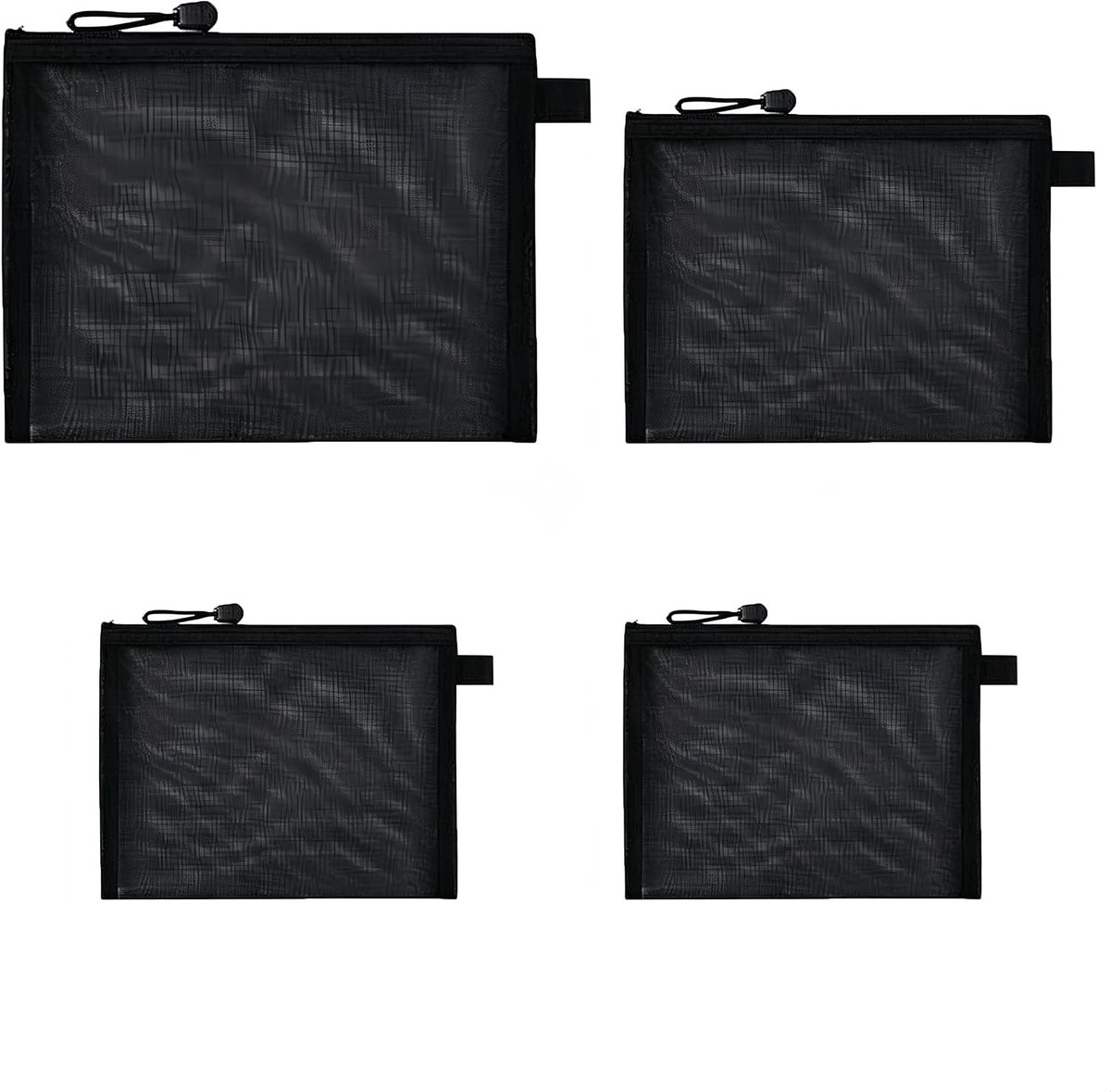 Set van 4 multifunctionele nettassen in 3 maten, mesh-tassen met ritssluiting voor make-up, pennen en reisaccessoires, zwart en transparant