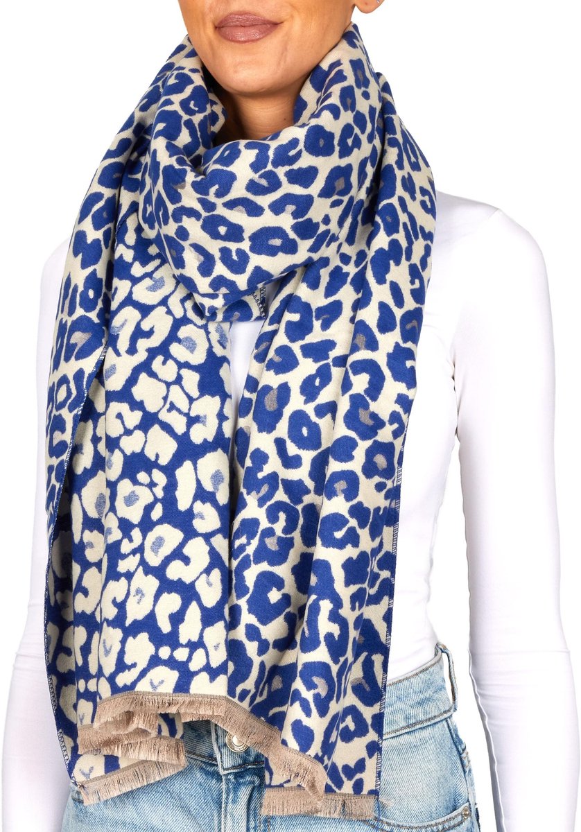 Cashmirillo Sjaal met Luipaardprint - 70 x 200 cm - Blauw Wit