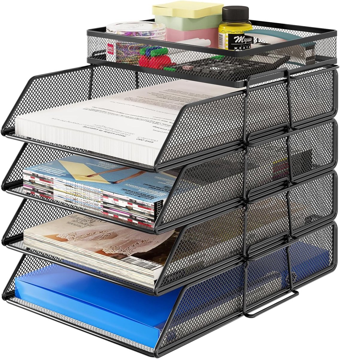 4-laags Briefhouder, Desk Organizer voor Papier, Stapelbare Bureau Organizer, Tijdschrift Houder, Zwart, Ideaal voor Kantoor en Thuisgebruik