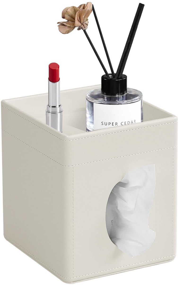 Tissue Box Cover - PU leren vierkante houder met opberglade - Beige