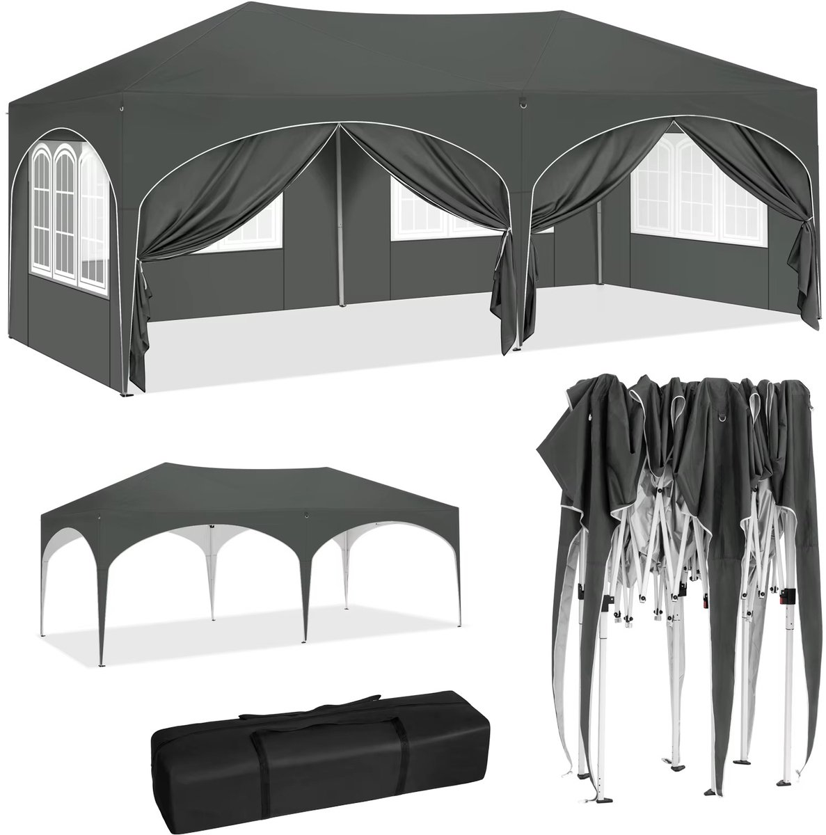 CreateEcom Partytent - tent - partytent 3x6 - Opvouwbaar Paviljoen - met 6 Zijwanden - Verstelbare Hoogte - Waterdicht - UV-bescherming - Partytent met Tas - Grijs