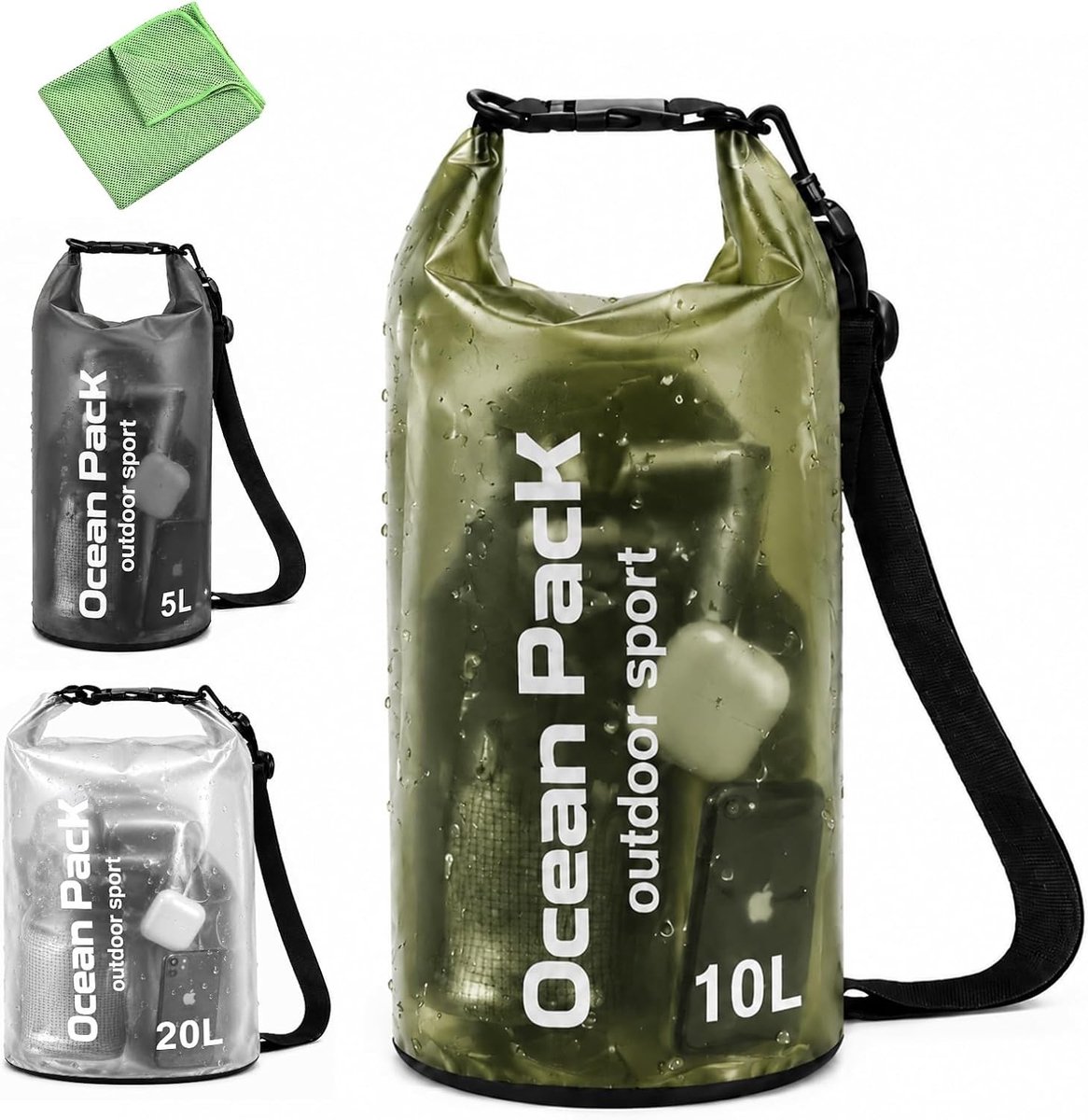 Waterdichte Dry Bag met Sneldrogende Handdoek, Verkrijgbaar in 5, 10 en 20 Liter, Ideaal voor Outdoor Activiteiten, Rolltop en Schouderband (Olijfgroen, 10 Liter)