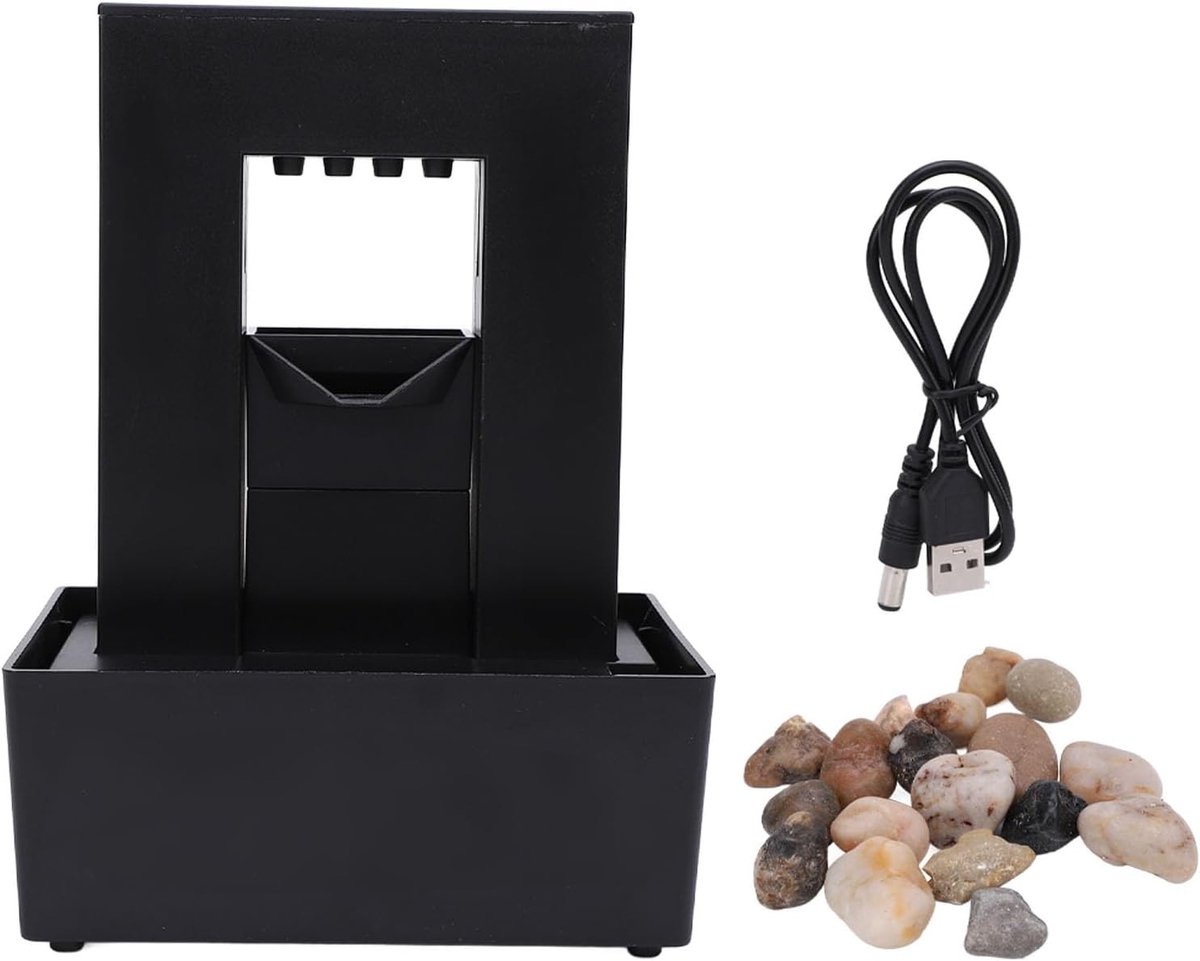 Kleine Decoratieve Binnenfontein met LED Verlichting, Gurgelend Water en Natuurlijke Steentjes voor Ontspanning in Huis of Kantoor, Voeding via Batterij of USB