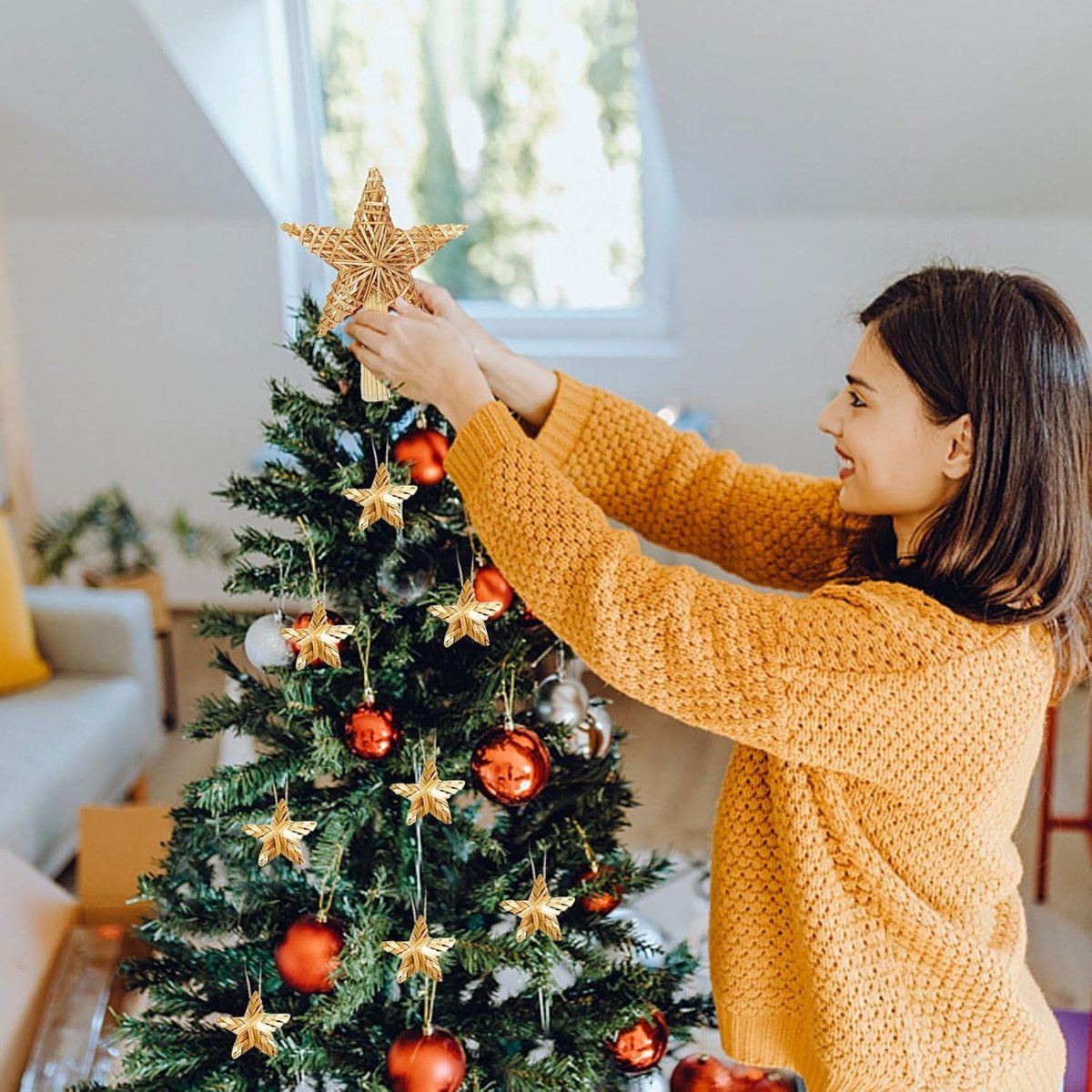 Grote Stro Ster voor de Top van de Kerstboom, Handgemaakte Kerstboomdecoratie, Perfect voor Elke Grootte Kerstboom, Feestelijke Versiering voor de Kerstperiode – foto 3
