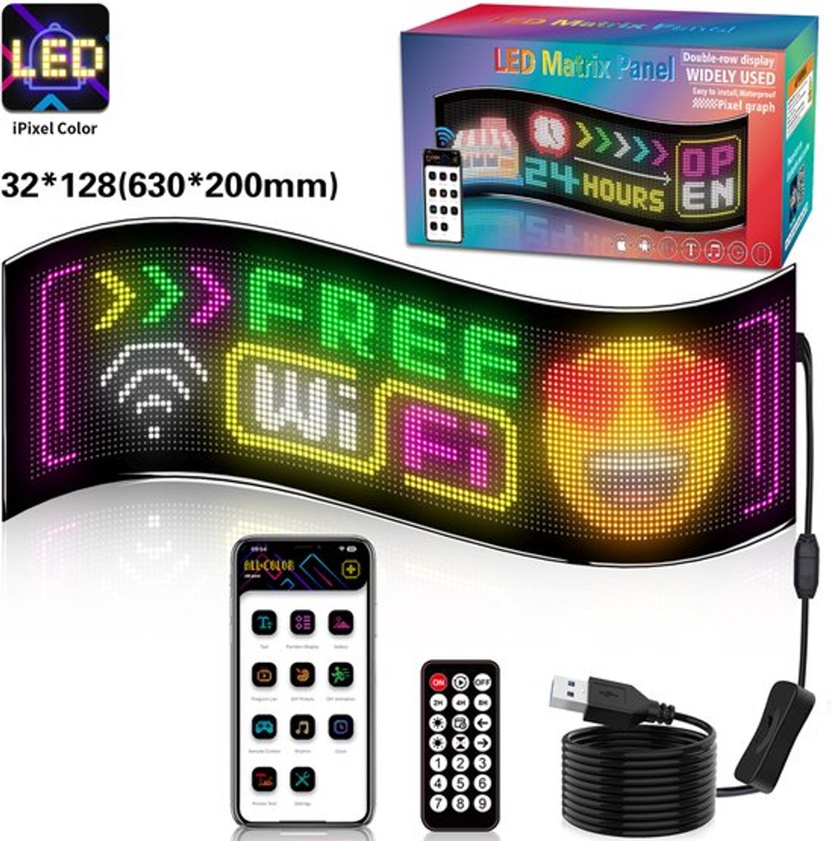 LED-scherm Flexibel - 32x128 Pixel - Bluetooth Bediening - 63x20 cm - Zacht Scherm - Reclamebord - Domotica Systeem