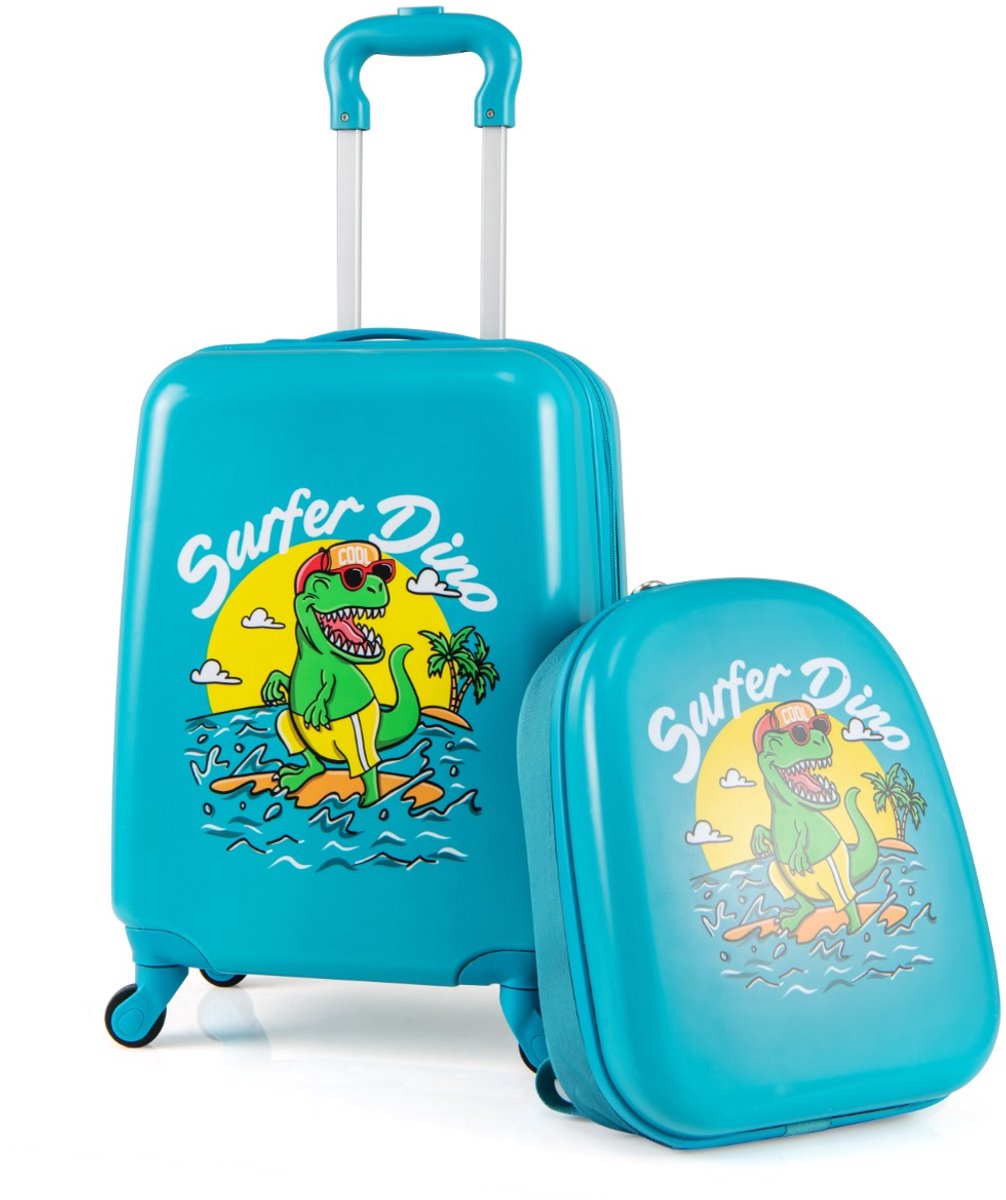 SureDeal® - Kinderkoffer - 2-delige Kinderbagage - Wielen Handbagage - Harde Rugzak Dinosaurus - Bruin