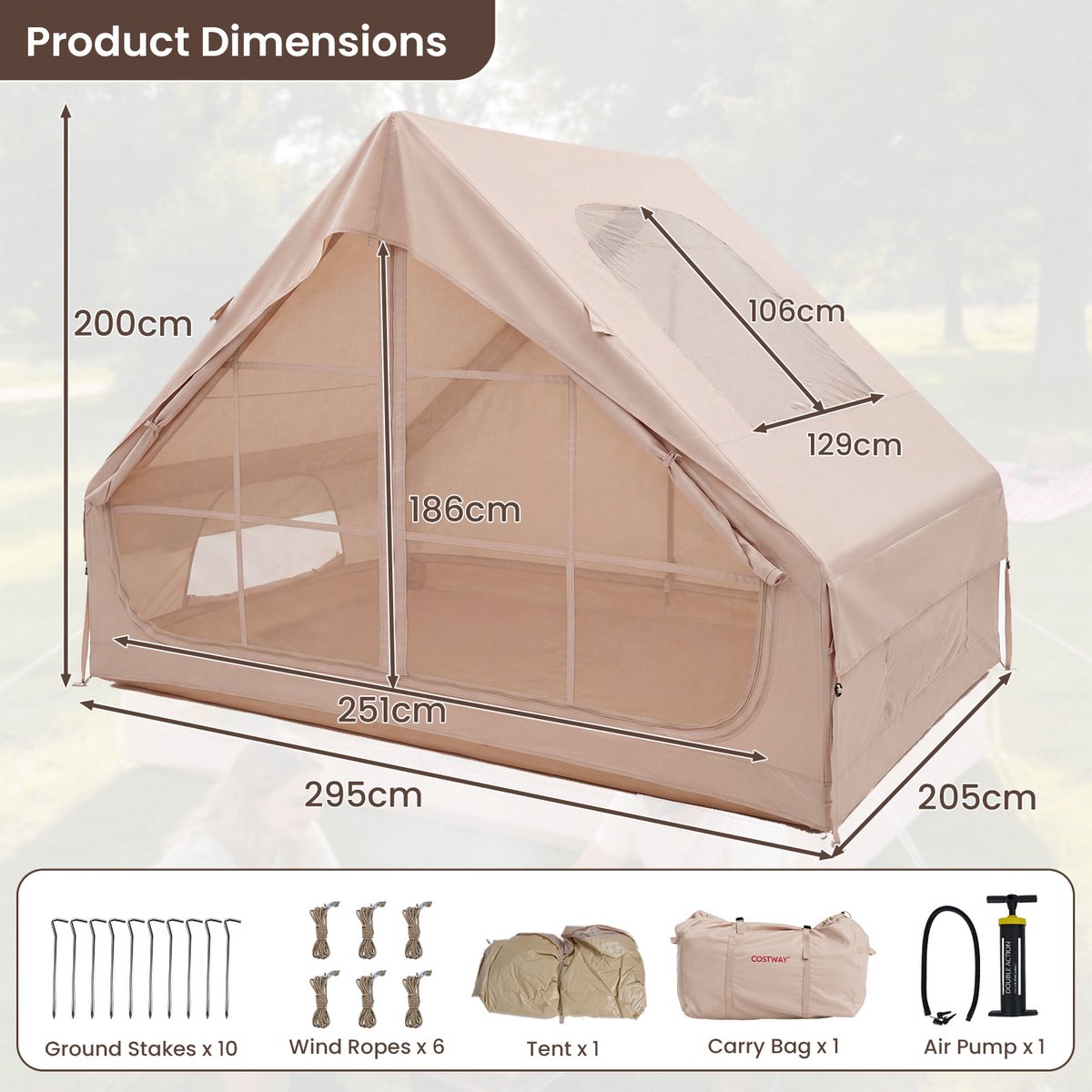 SureDeal® - Kamper - Opblaasbare Tent - Luchtpomp - Personen Kampeertent - Deuren Gaasramen - Dakraam - 295x205x200 cm - Kaki