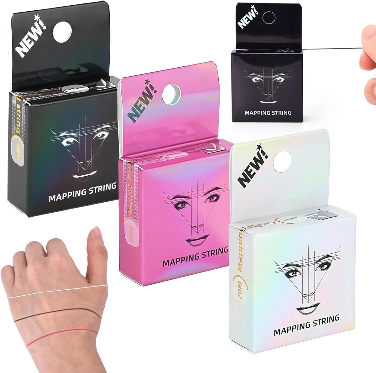 3-delige Pre-inkted Draad voor Het Mappen van Wenkbrauwen - 20m Microblading Draad in Zwart, Wit en Roze voor Nauwkeurige Wenkbrauwmarkering en Make-up