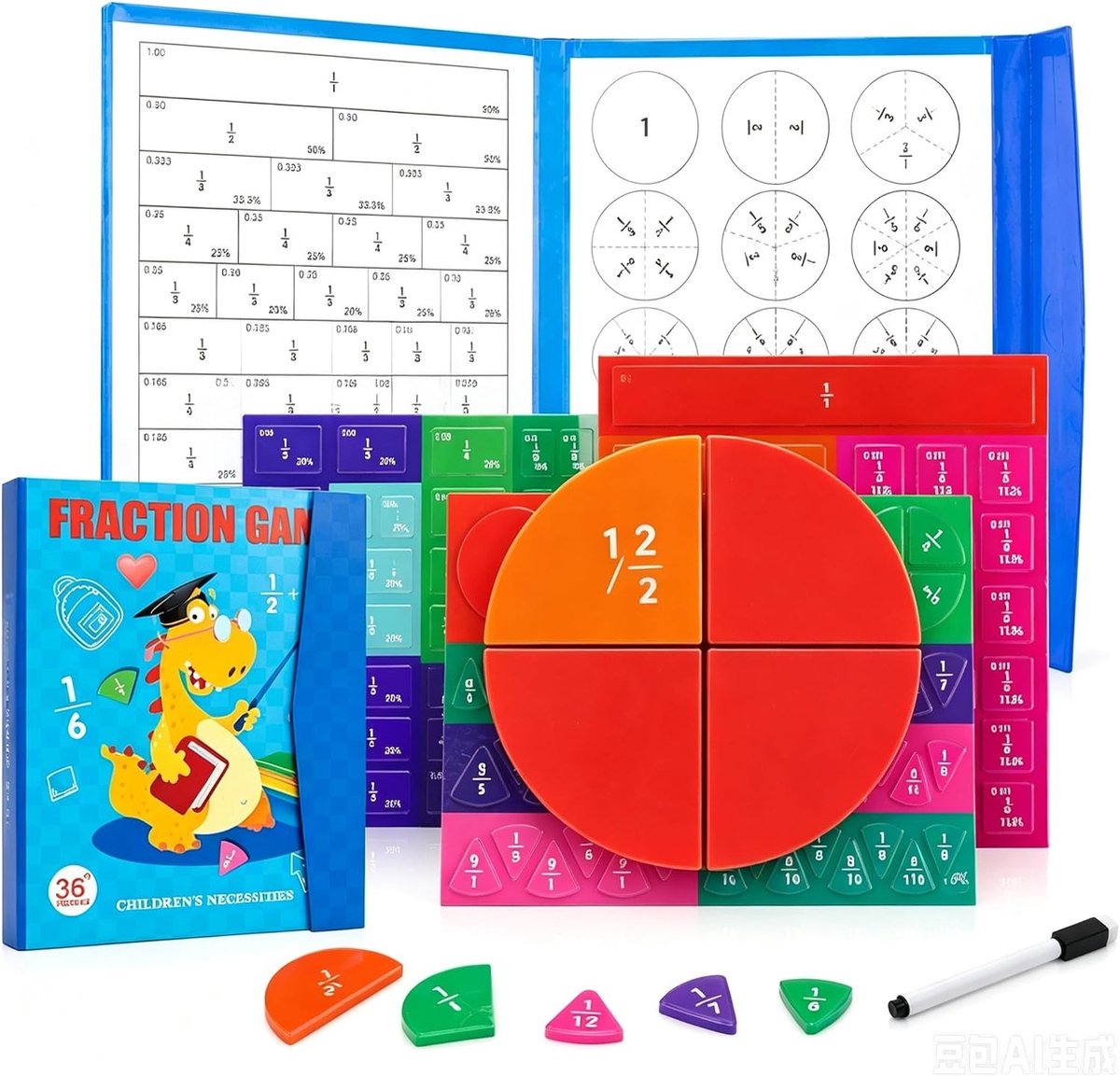 Educatieve wiskundige hulpbronnen voor kinderen, magnetisch breukmateriaal, breukrekeningen en Montessori-onderwijs, 102 stuks breukdemonstrators en breukcirkels in blauw