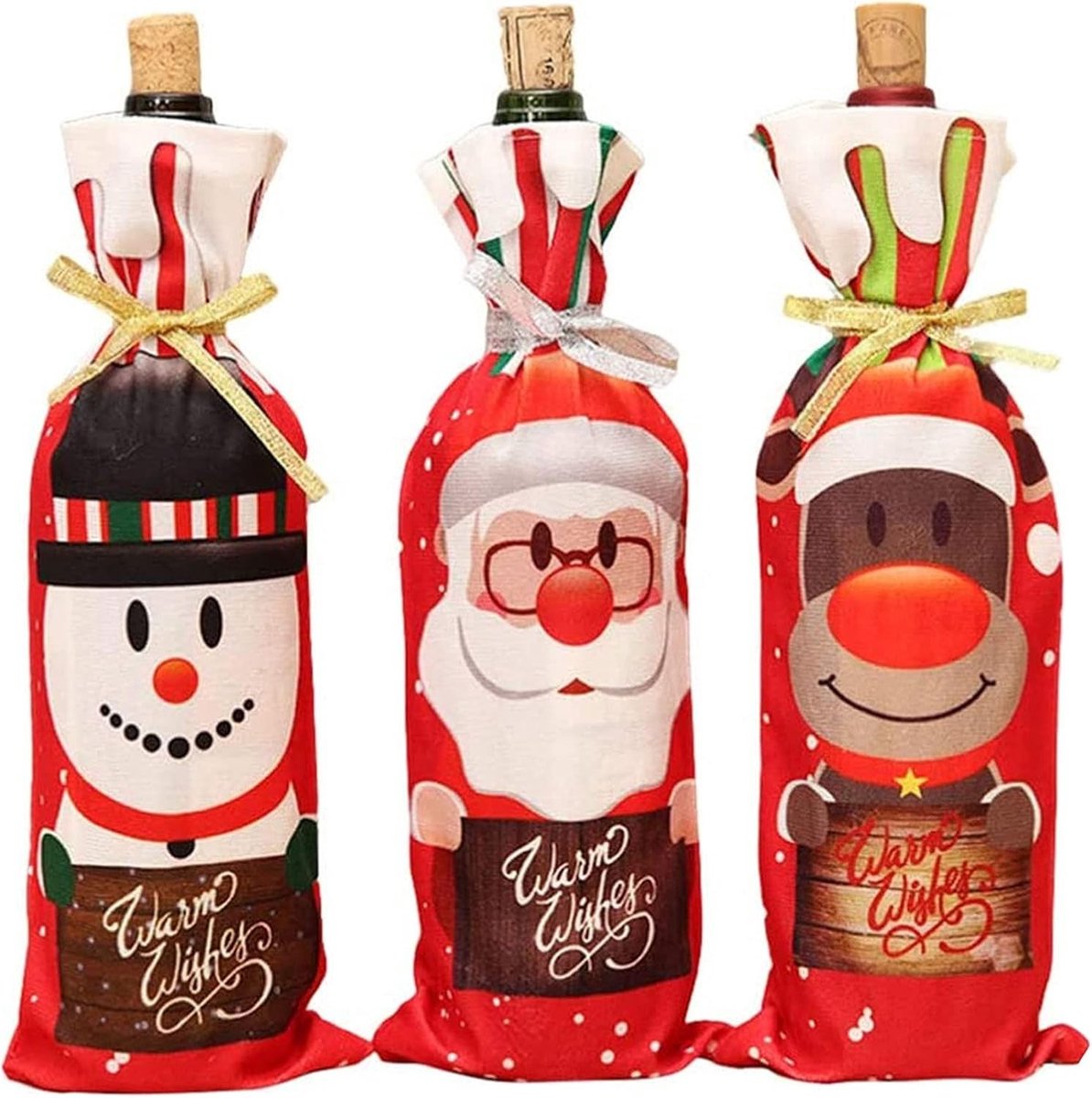 Set van 3 Kerst Wijnfleshoezen voor Rode Wijn, Santa, Sneeuwman en Hert - Perfecte Cadeauzakken voor Kersttafel Decoraties