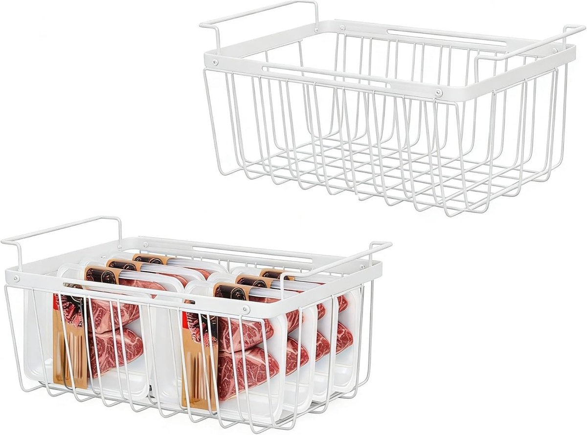 2 Stuks Organizers voor Vriezer, Uittrekbare Vriezer Mandjes, Ideaal voor Vriezeropslag en Ruimtebesparing (Wit)