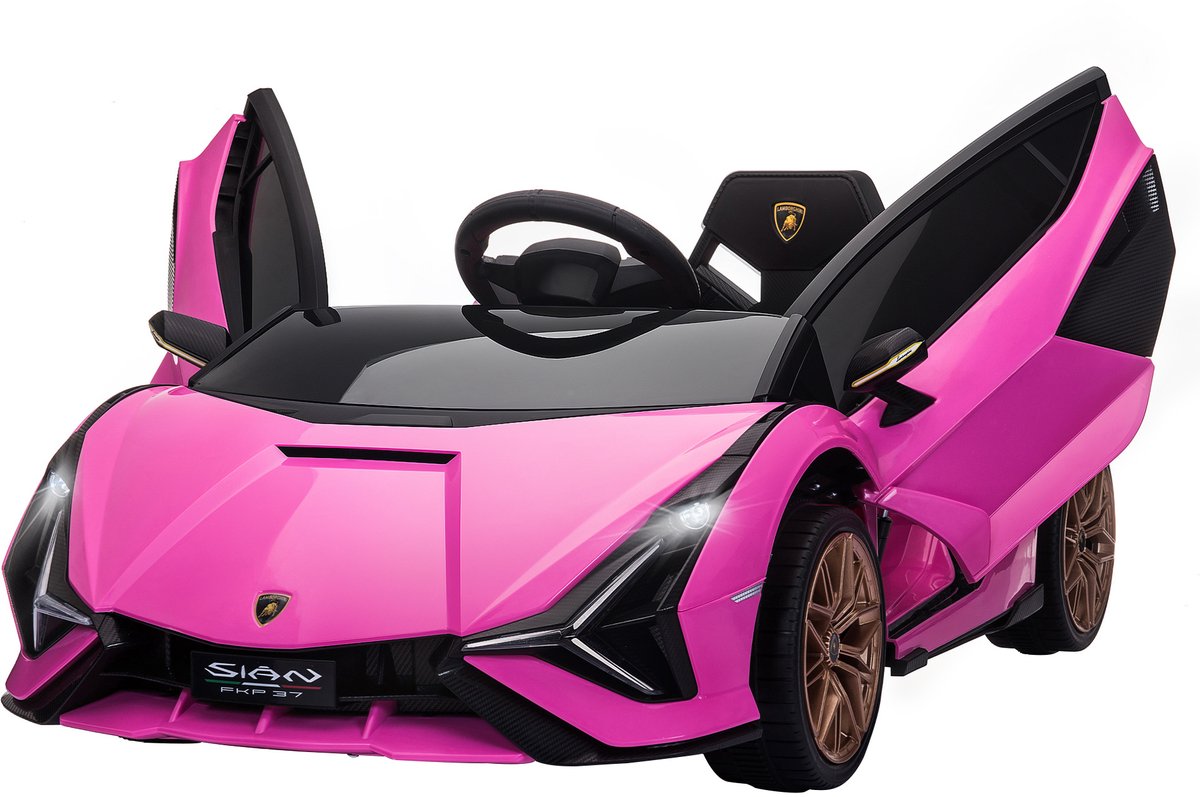 12V Lamborghini Elektrische kinderauto met 2,4G-afstandsbediening, kinderauto 3-5 km/u met MP3, radio, muziek en LED-koplampen, voor kinderen van 3-8 jaar (Roze)