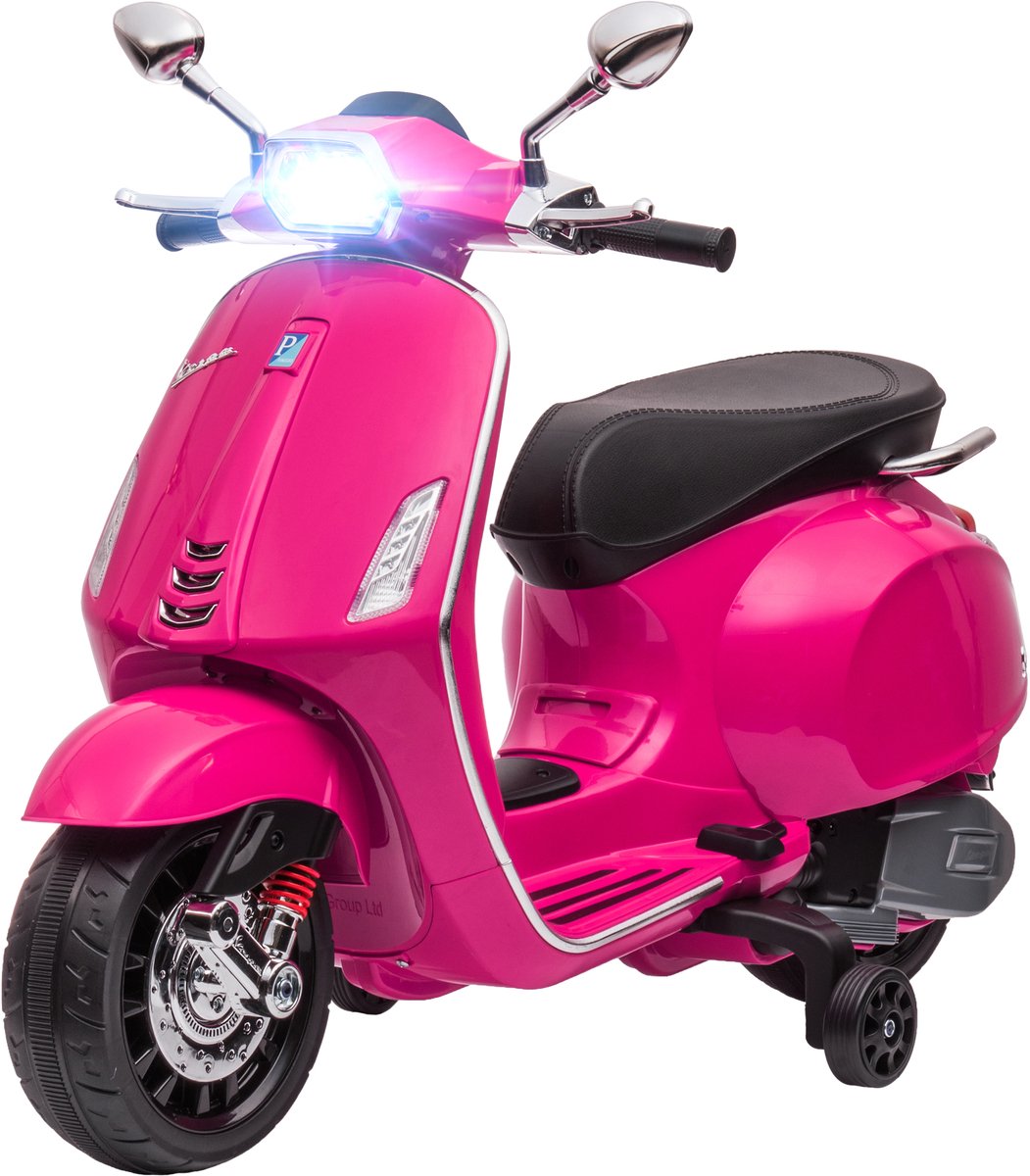 Vespa Elektrische kindermotorfiets, 6 V, met led-koplamp en claxon, 2-3 km/u, elektrische kindermotorfiets met steunwielen, voor jongens en meisjes van 3 tot 6 jaar, 107L x 47l x 73H cm(roze)